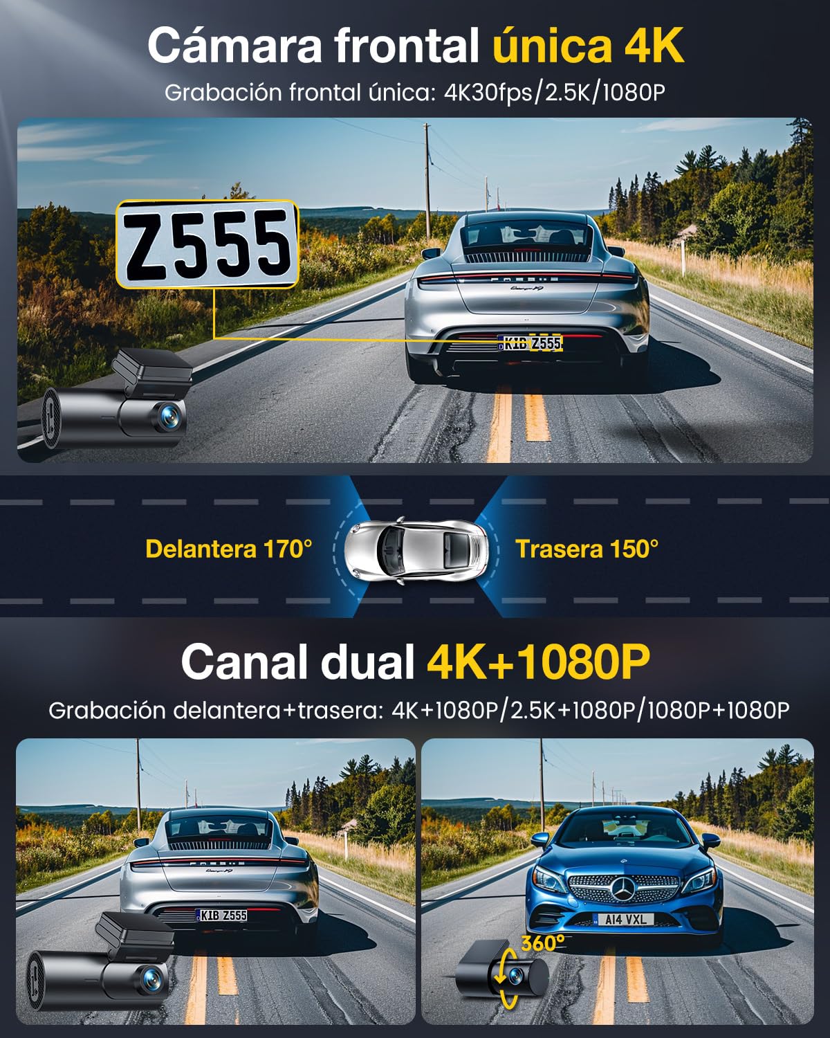GKU Dashcam Cámara Coche 4K+1080P, 5GHz WiFi &GPS, 1.5'' IPS Dash CAM Coche con Tarjeta SD de 64GB,Camara Coche Grabadora,170° Gran Angular,Visión Nocturn,WDR,Sensor G,Monitor de Aparcamiento