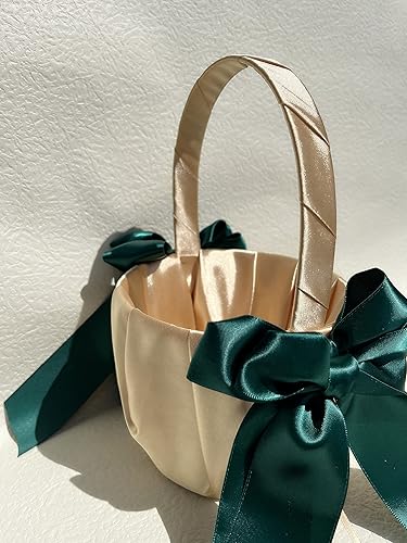 Miniatura 4 de Uwedding Cesta de boda dorada para niña con lazo de satén verde oscuro, decoración de boda, aniversario, renovación de votos, recuerdo de fiesta,