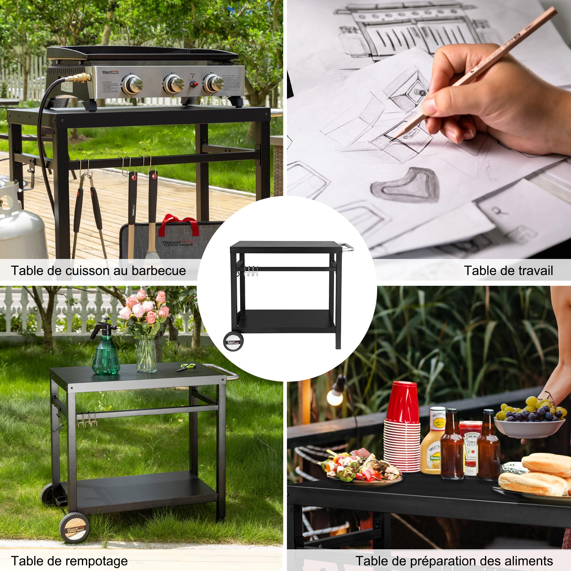 Royal Gourmet - Carro para Barbacoa de Metal con Gran Superficie de Trabajo, Apto para postres de jardín, Horno de Pizza, 100,5 x 59 x 81 cm, Color Negro