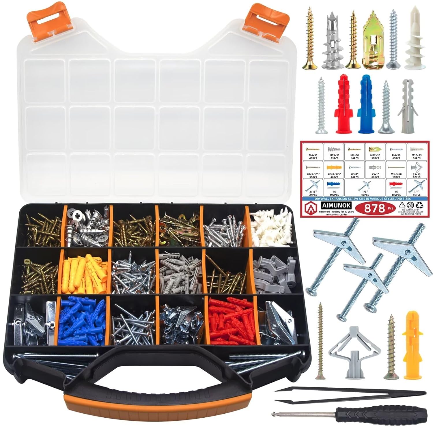 878-Piece Value Combo Set Plastic Drywall Anchor kit with Screws and Wing Nut Kit for Hanging Heavy Items on Drywall, 10 Sizes Total Plus Screw tweezer Tool Set