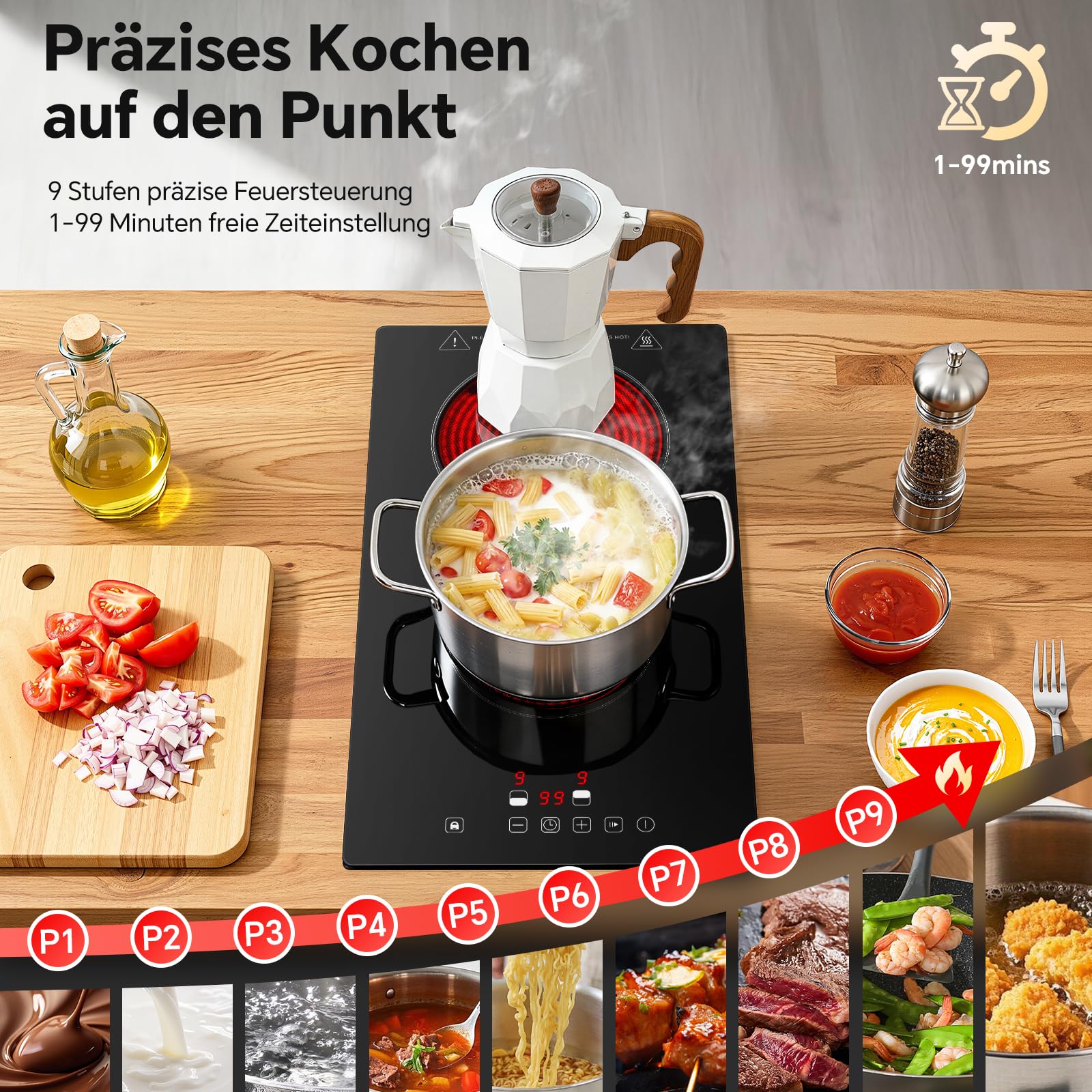 SNDOAS Glaskeramikkochfeld 2 Platten 3000W 9 Leistungsstufen Touch-Steuerung Timer Kindersicherung Schwarz