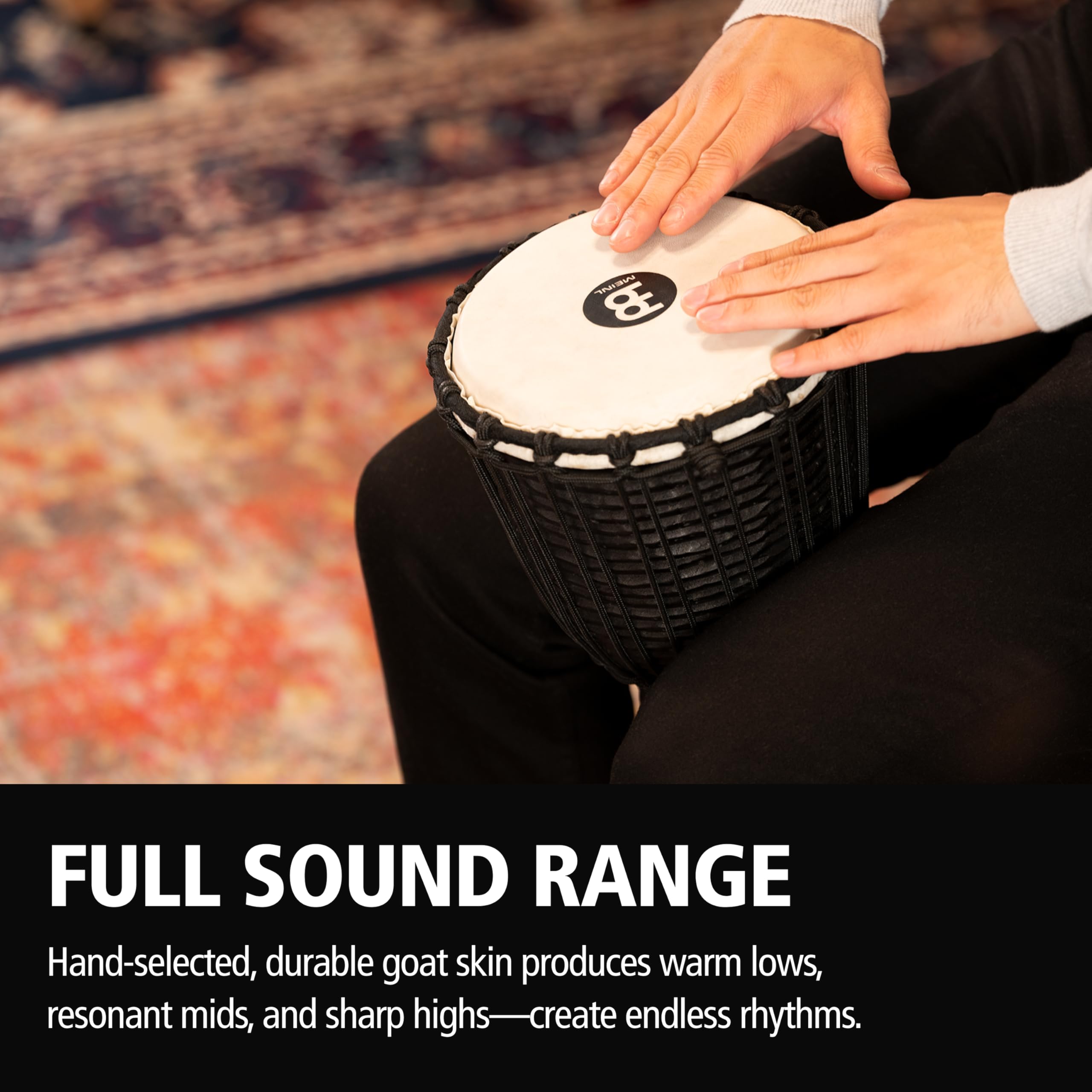 Meinl Percussion Djembe Hand Drum Circle Instrument, Carved Mahogany Headliner Series — NOT Made in China — African Mali Weave Ropes, 2-Year Warranty, Black River, Small (HDJ3-S)