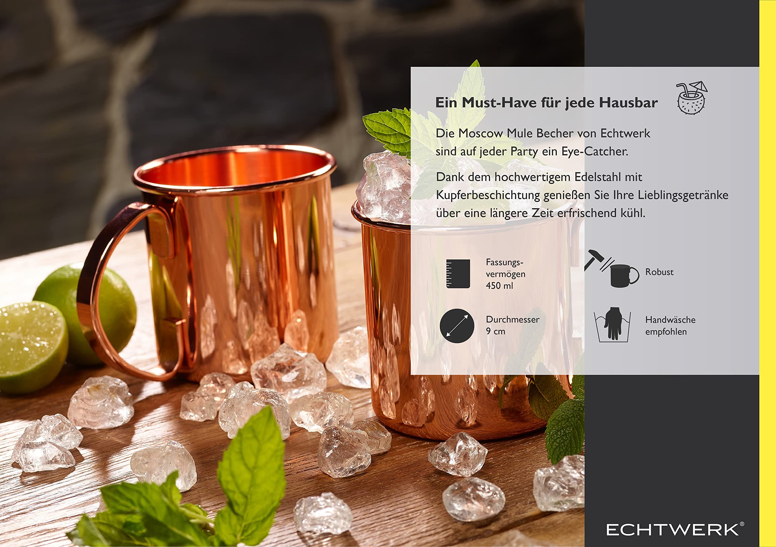 ECHTWERK set di bicchieri in rame, bicchieri in acciaio inox, set da cocktail, bicchieri da cocktail perfetti per gin, vodka, birra e bevande fredde, 4x bicchieri in rame da 450ml