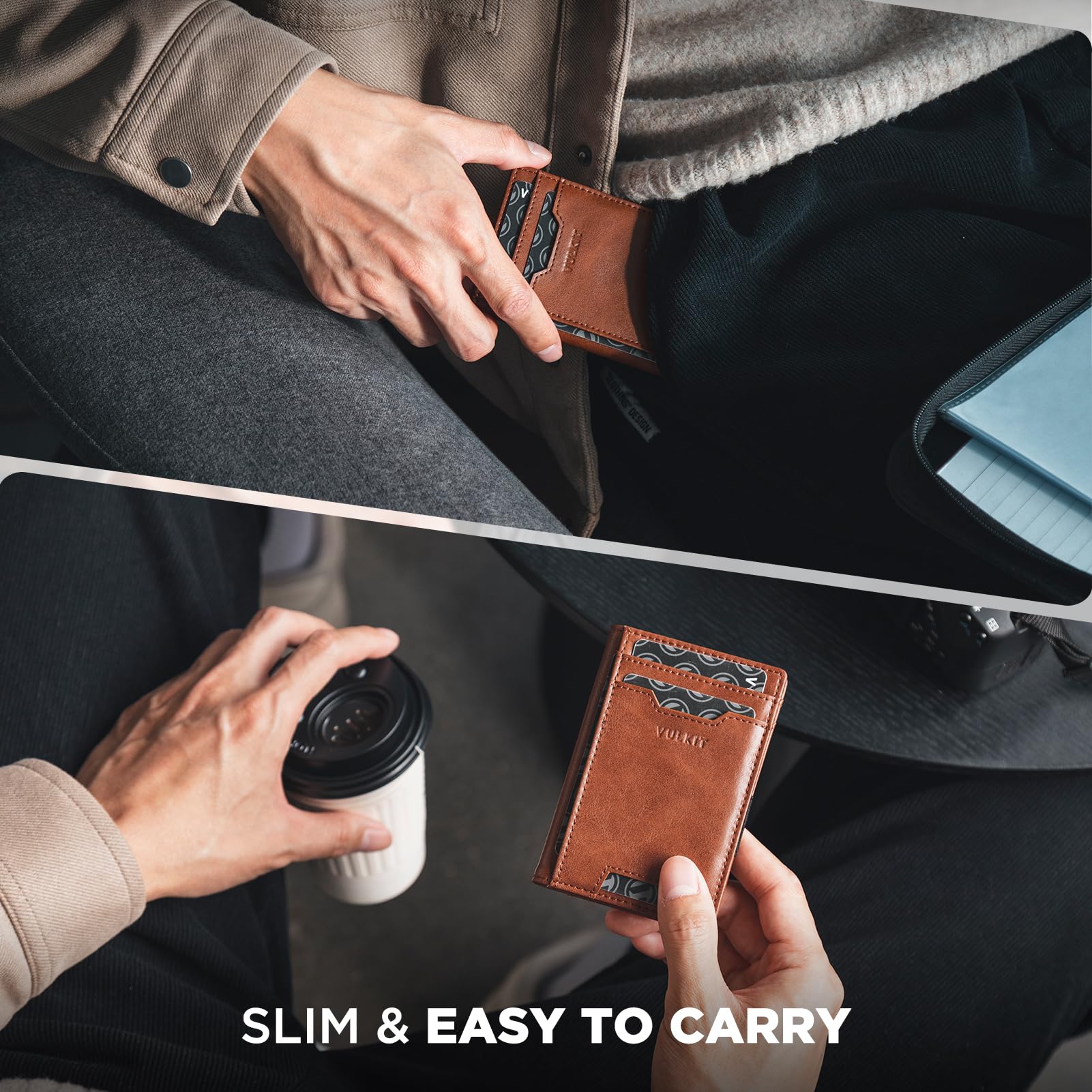 VULKIT Étui pour cartes de crédit, blocage RFID, en cuir fin, poche avant, porte-monnaie pour homme, porte-cartes bancaires, accès rapide avec 10 emplacements et bande pour argent pour factures ou