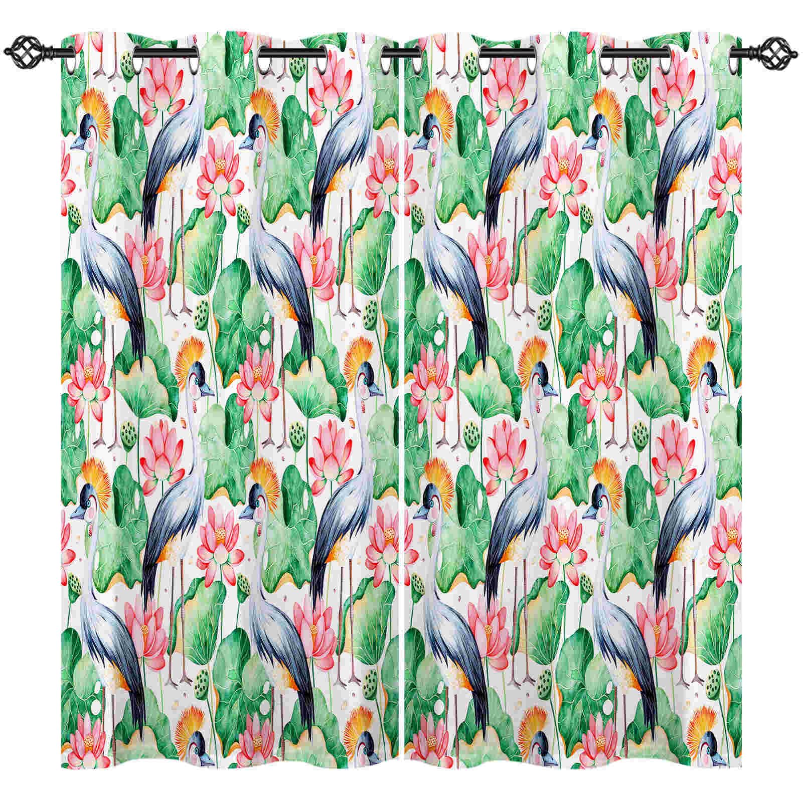 ANHOPE Floral Lotus Curtains Eyelet Soft Thermal Insulated Blackout Curtains Water Lily Flower Bird Print Pattern Ring Top Drapes for Kids Girls Bedroom Living Room 42 x 63 Inch Drop 2 Panels — image 1
