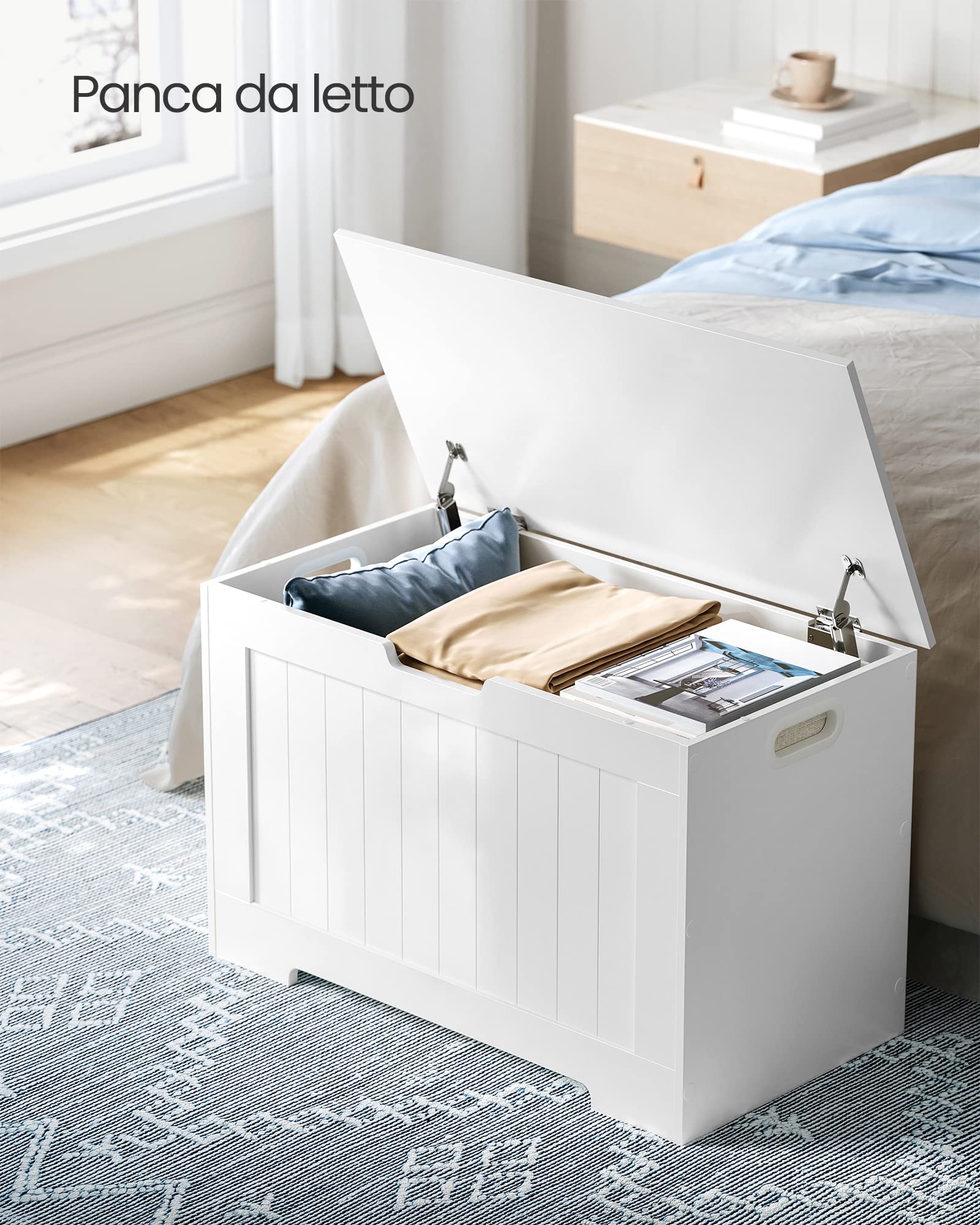 VASAGLE Cassapanca Contenitore, Panchina da Ingresso con 2 Cerniere di Sicurezza, Stile Rustico, 40 x 76 x 48 cm, per Ingresso, Camera da Letto, Soggiorno, Bianco Nuvola LHS11WT