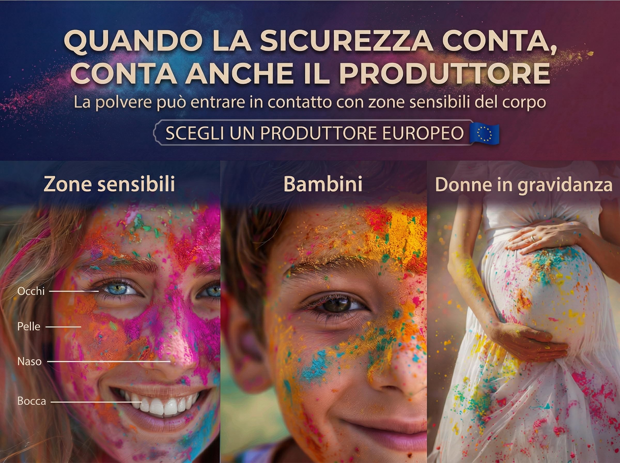 Polveri Holi Colorate – 6 buste da 500 g (3 kg) + 6 Occhiali da Sole