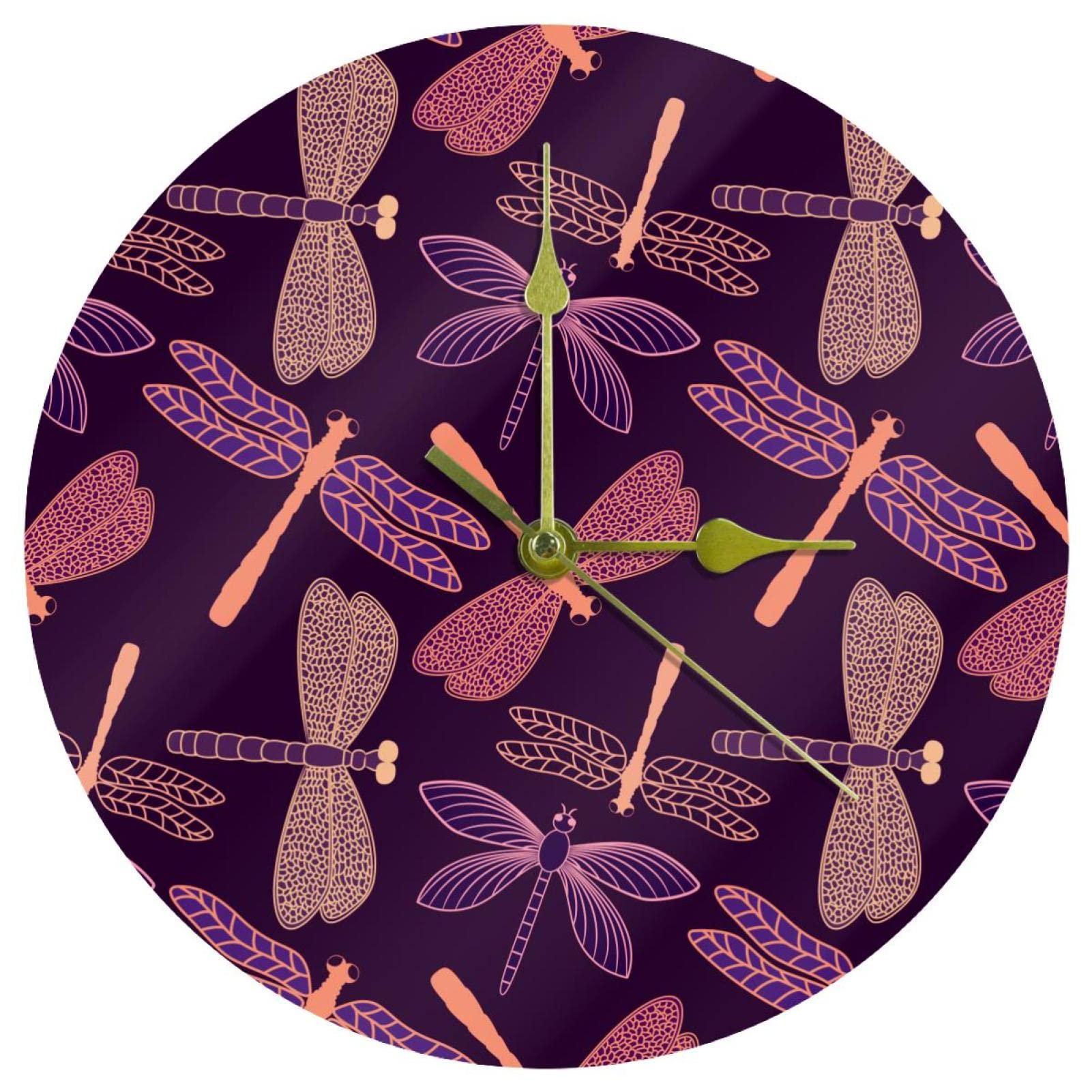 Horloge murale en acrylique de 24 cm ronde avec motif libellule violette