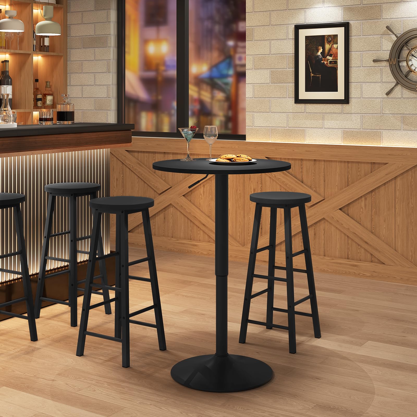 WOLTU Mesa de Bar, Regulable en Altura, 360 Grados Giratorio, Hecha de MDF, Redonda para Cocina, Bar, Negro Redondo