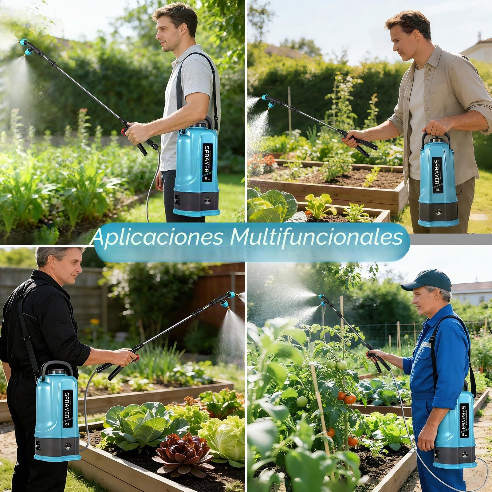 Viugreum 8L Pulverizador de Jardín a Batería, 12V Pulverizador de Jardín Eléctrico con 5 Boquillas de Nebulización, Lanza Telescópica y Correa Ajustable para Riego, Irrigación y Mantenimiento