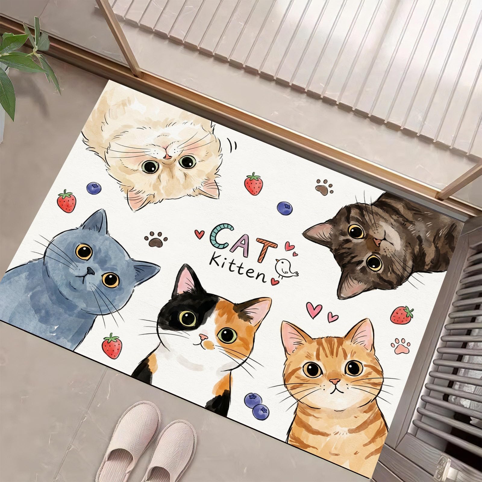 Felpudo de Entrada 90x150cm, Alfombra Animales Acuarela Atrapapolvo Alfombra Gato Dibujos Animados Antideslizante Lavable, Alfombrilla con Microfibras Suaves Absorbentes para Puerta, Pasillo, Blanco