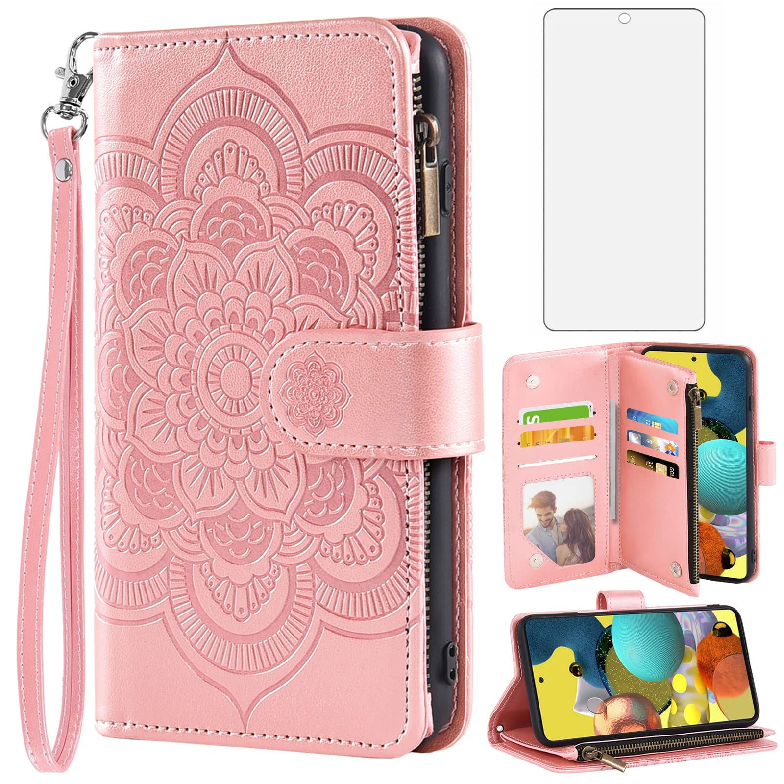 Asuwish Compatible with Samsung Galaxy A51 5G/A 51 5G UW Verizon Wallet Case and Tempered Glass Screen Protector Leather Flip Card Holder Cell Phone Cover for Glaxay 51A G5 Gaxaly S51 Women Rose Gold