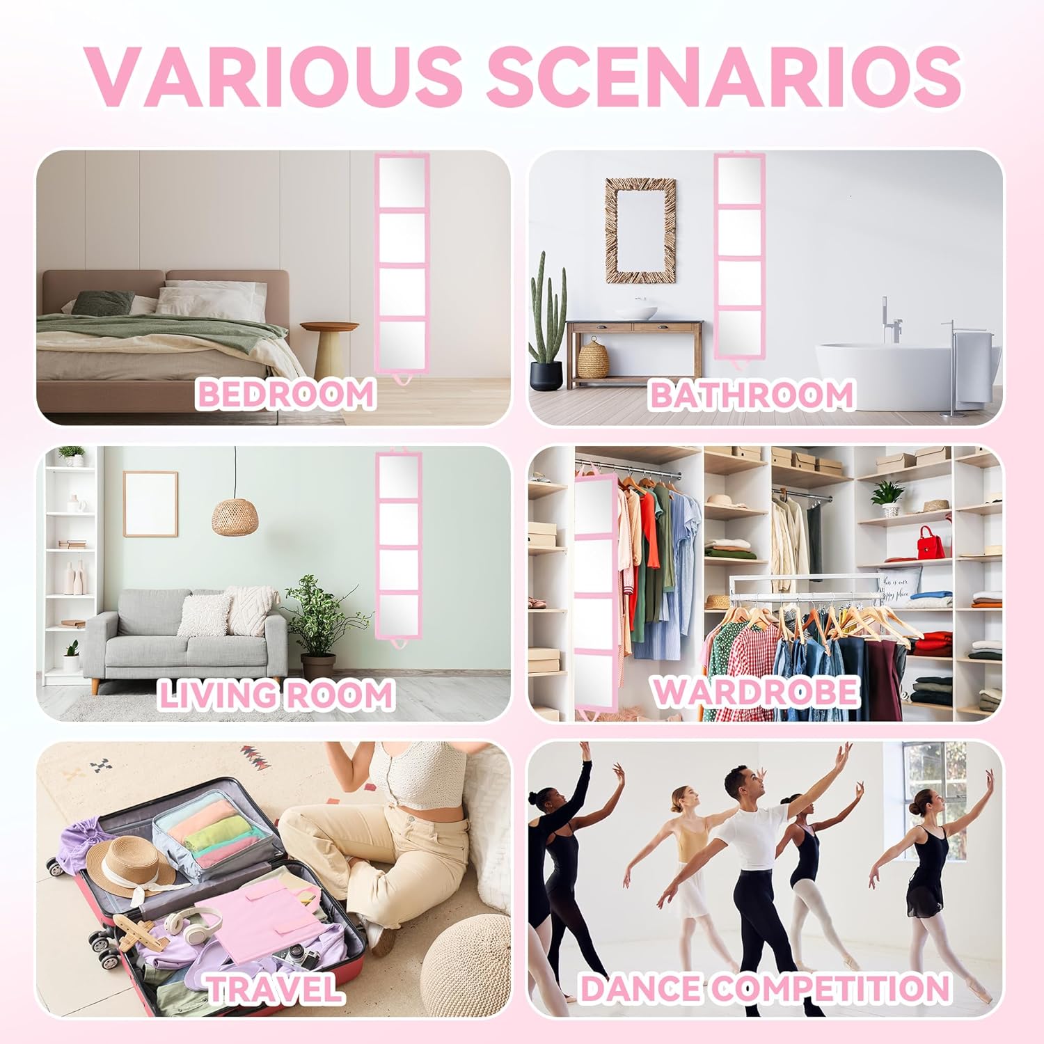 ROYALAY Foldable Full Length Mirror with Handle, 47 * 13in Four-fold Portable Mirror for Travel Makeup Dancing and Fitting Clothes, Pink