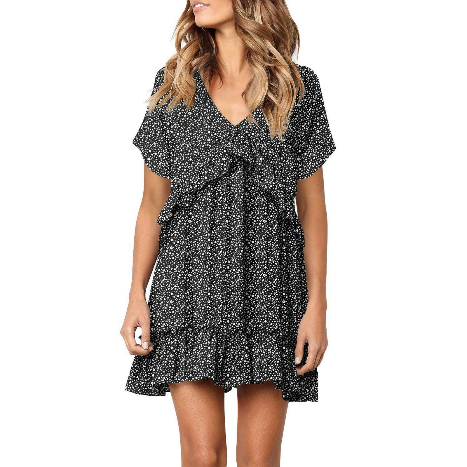 Robe florale à volants manches courtes col en v pour femme tendance été