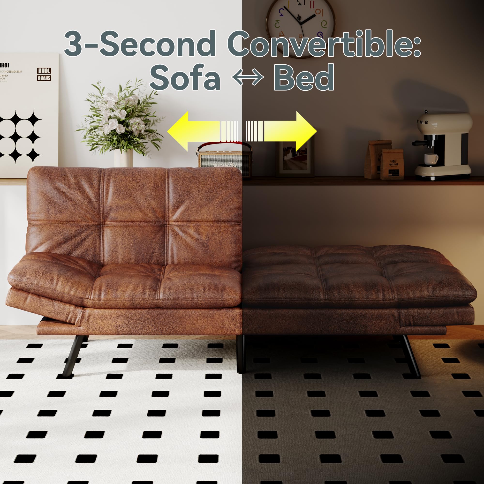 Futon Sofa Bed Convertible Couch, Brown Faux Leather Sofa Bed with Memory Foam, Adjustable Backrest & Armrests, Multifunctional Small Loveseat Sleeper Sofa for Living Room, Apartment, Office