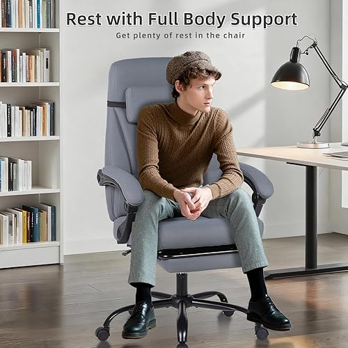 Miniatura 8 de Silla de oficina ejecutiva con reposapiés, silla de escritorio de oficina grande y alta, sillas de oficina reclinables de tela cómoda para personas