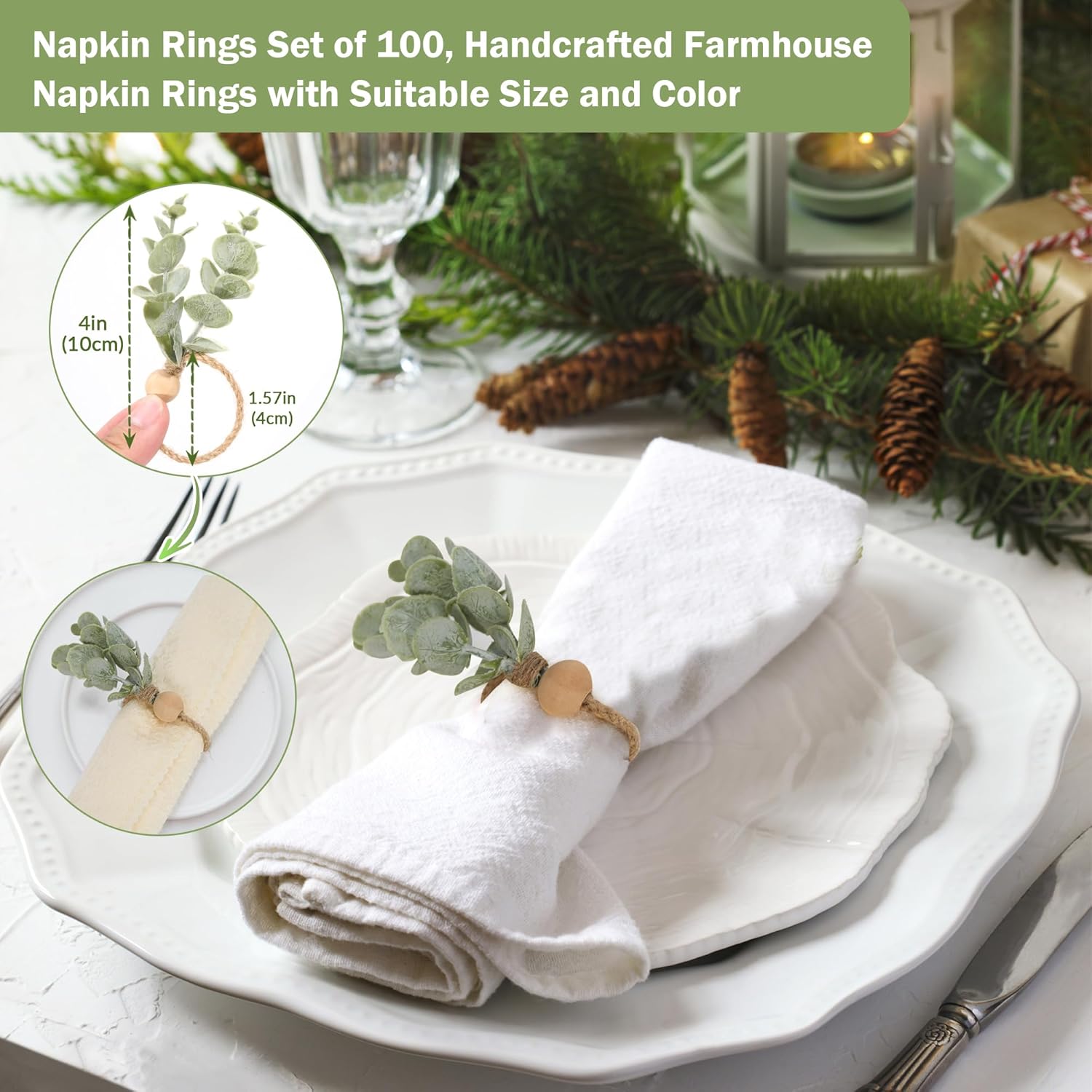 Defined Deco Napkin Rings - Set of 100, Rustic Farmhouse Boho Green Leaf Wooden Napkin Rings for Spring Summer, Thanksgiving Christmas, Wedding Table Decor