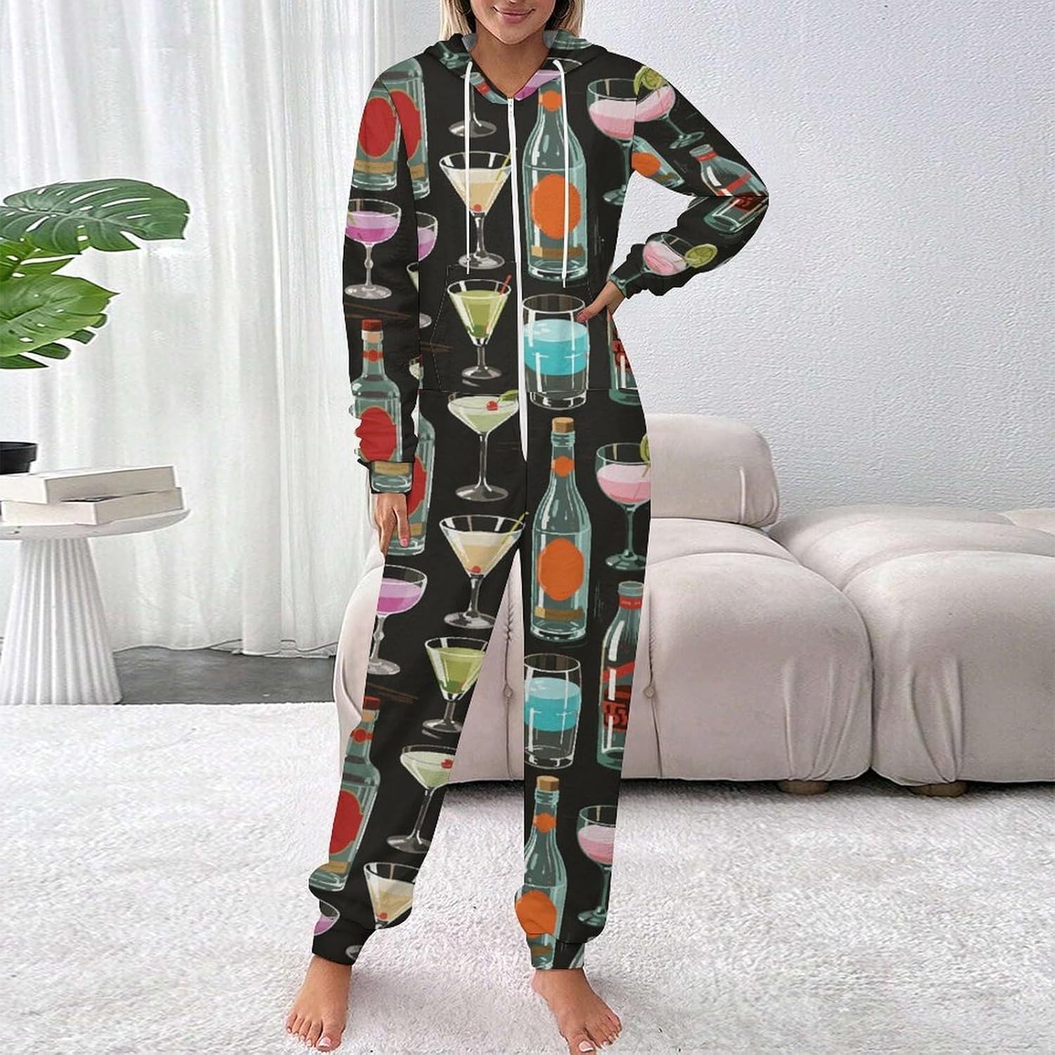 Adult Onesie Pajamas Martini Drink Bottles Sleepwear Jumpsuit Hooded Zipper for Women Men Costume Loungewear L
