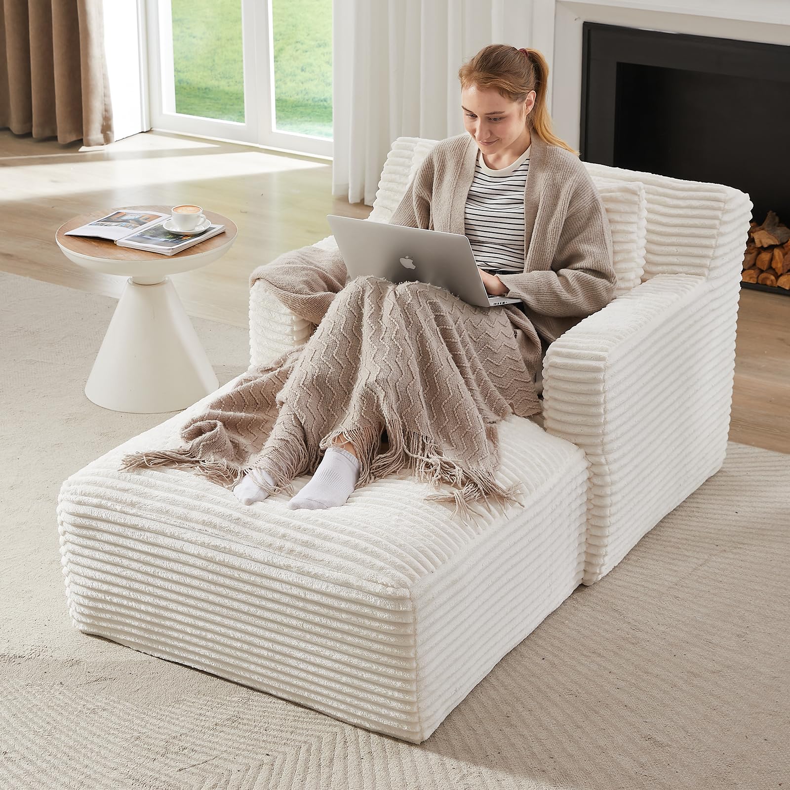 Chaise Lounge Chair Indoor Upholstered Corduroy Single Lounge Sofa Couch Comfy Reading Recliner Sleeper Sofa Chair Bed with
