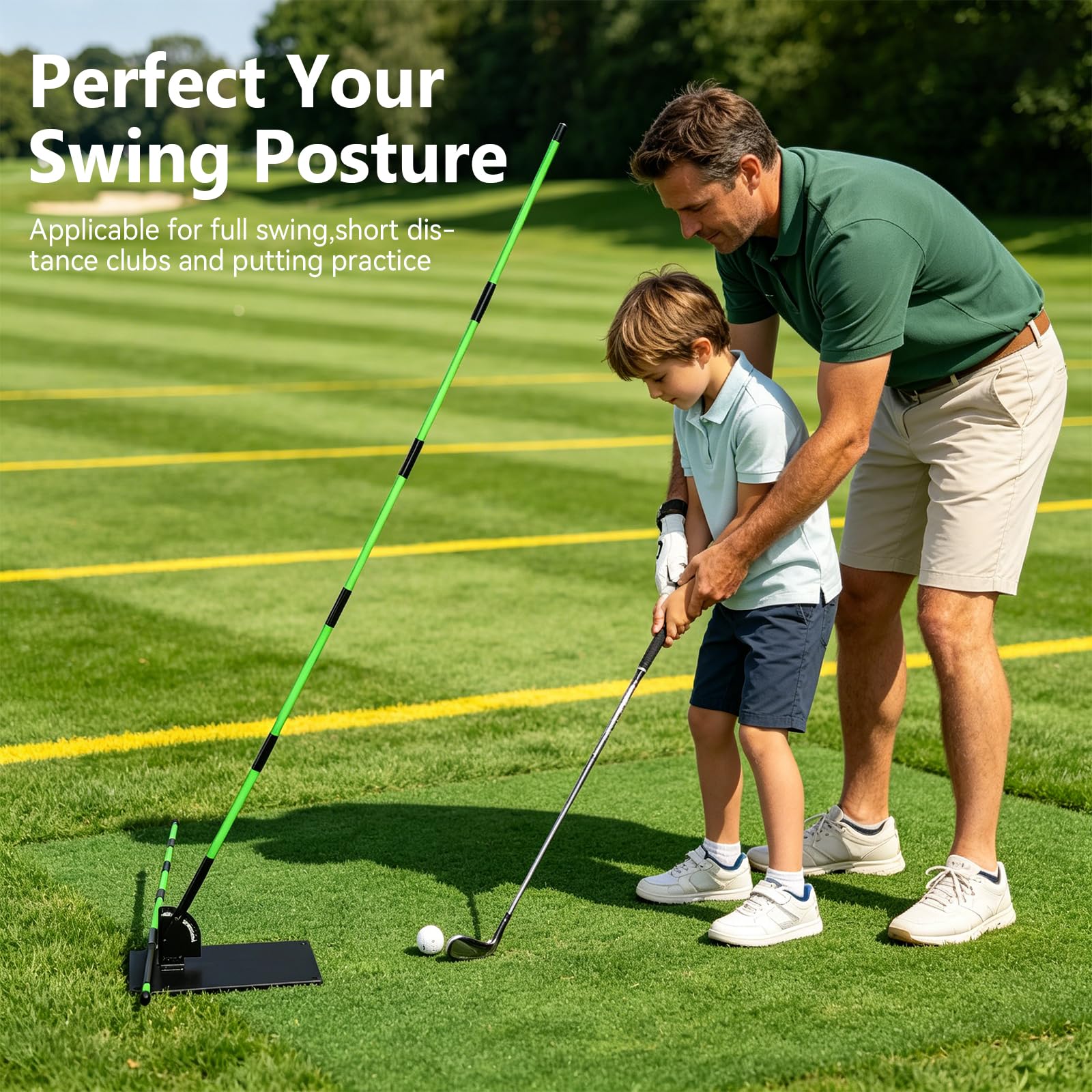 Golf Schwungtrainer Set mit Eisenplatte & 2X 1m Golf Alignment Sticks, Profi Golfschwung Trainer mit Halter für Schwungebene & Ausrichtung, Golf Trainingshilfe für Schwungkorrektur & Haltung