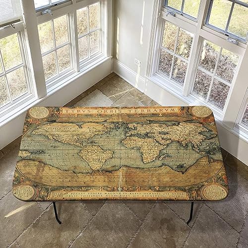 XISUNYA Elastic Tablecloth for 3FT Rectangle Tables, Polyester Fitted Table Covers with World Map Design, 24"×36",Ancient Old Chart Vintage