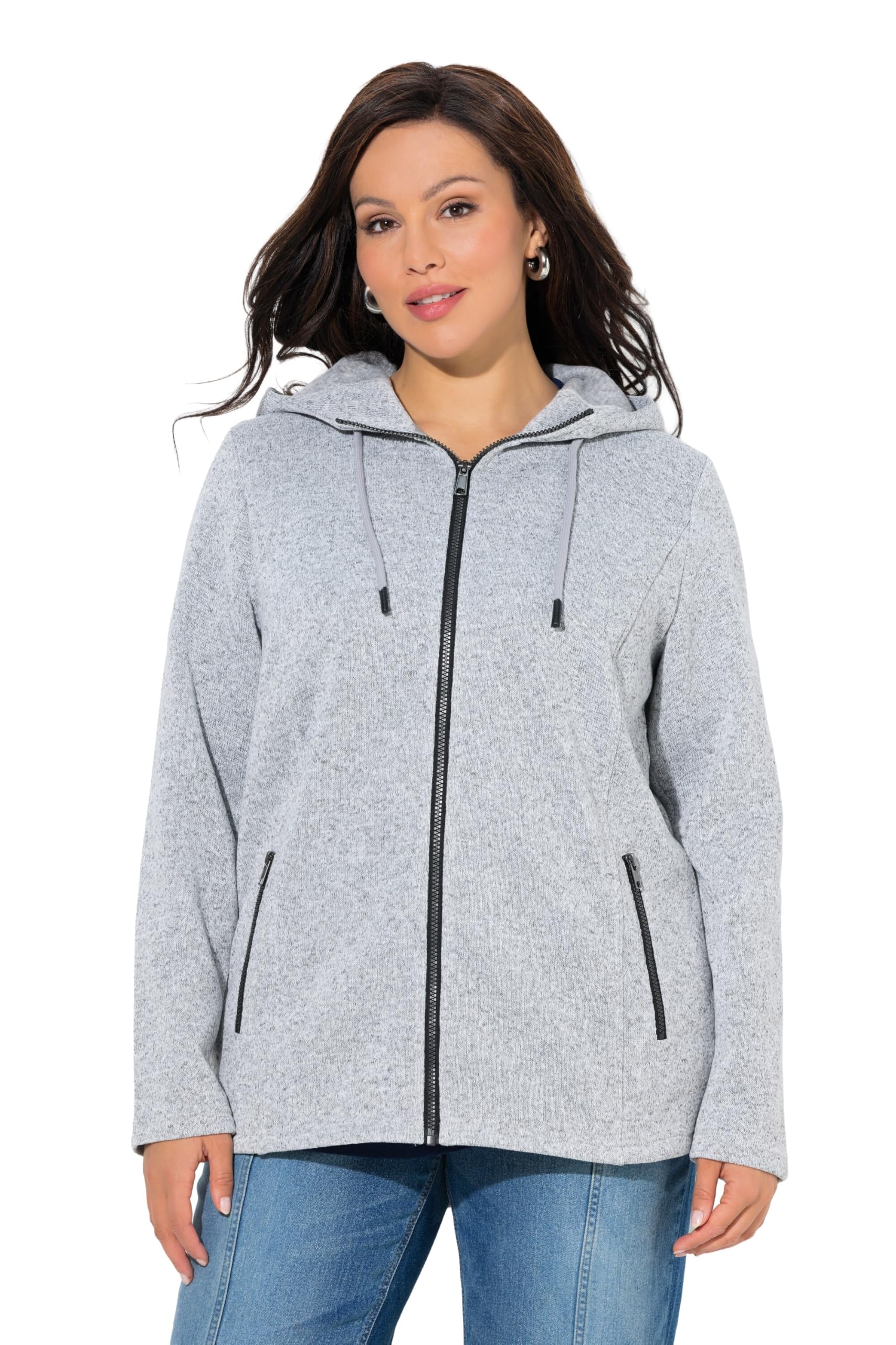 Ulla Popken Damen große Größen Übergrößen Plus Size Strickfleece-Jacke, Kapuze, Reißverschlusstaschen 814634