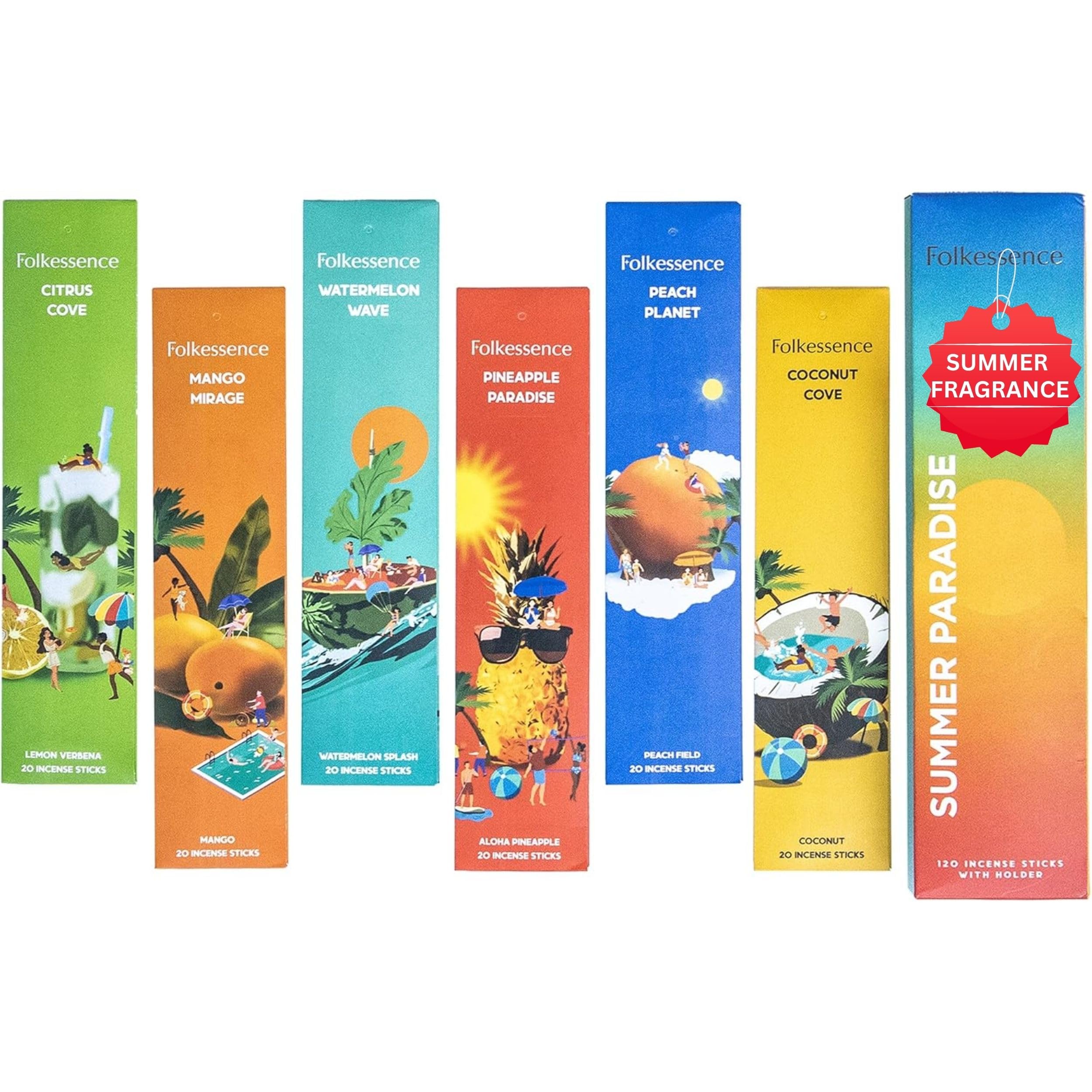 Folkulture Summer Paradise Incense Sticks (120 Sticks) | Set Of 6 Premium Summer Incense For Yoga, Meditation, Aromatherapy | No Charcoal, Organic, Non Toxic, 45 Mins Long Burning | Mango, Coconut, Pineapple Insence