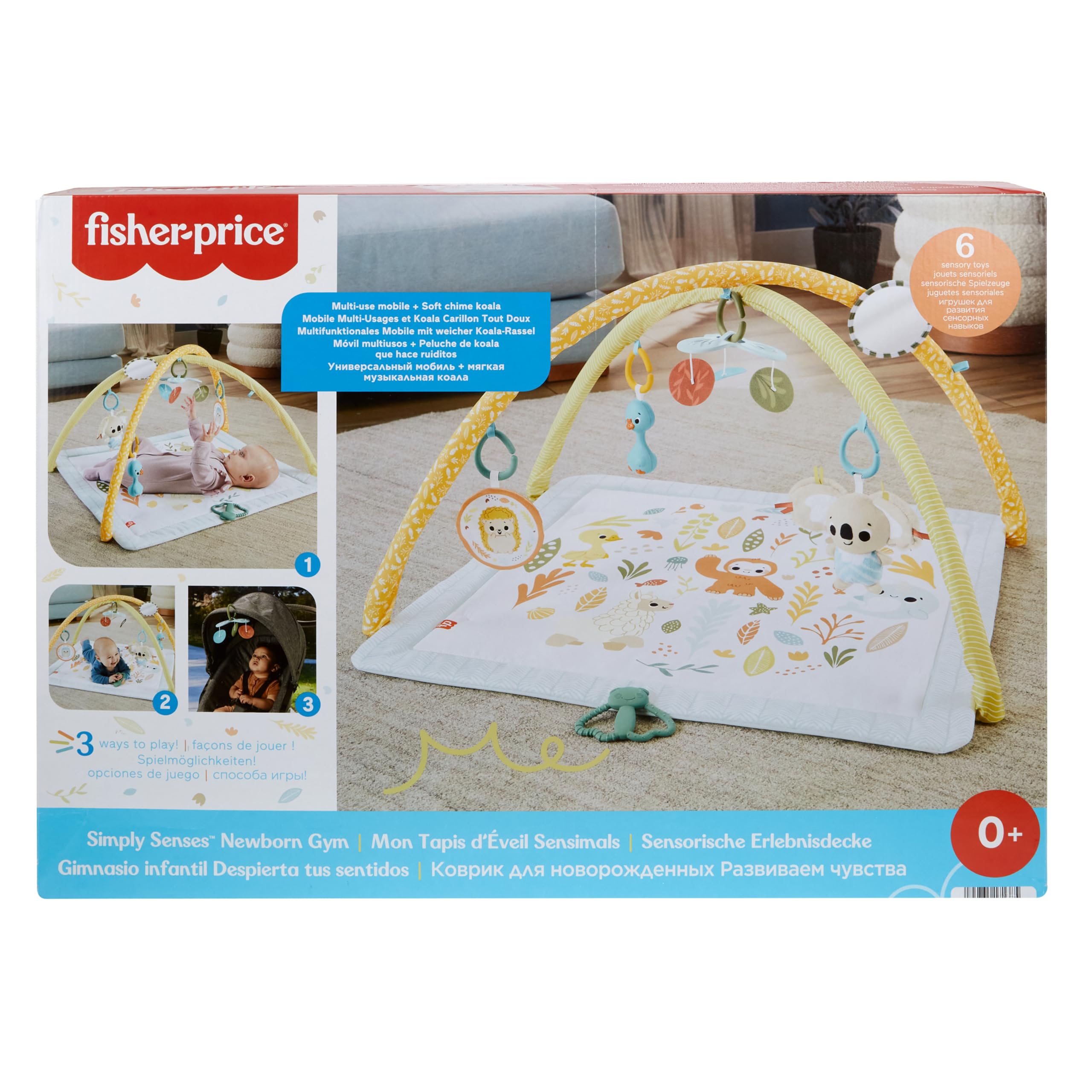 Fisher-Price Simply Senses Spielmatte für Neugeborene | Waschbare Baby-Spielmatte und 6 Aktivitäts-Spielzeuge, Mobile, Sinnesförderung und Motorik, ab 0 Monaten, JMN74