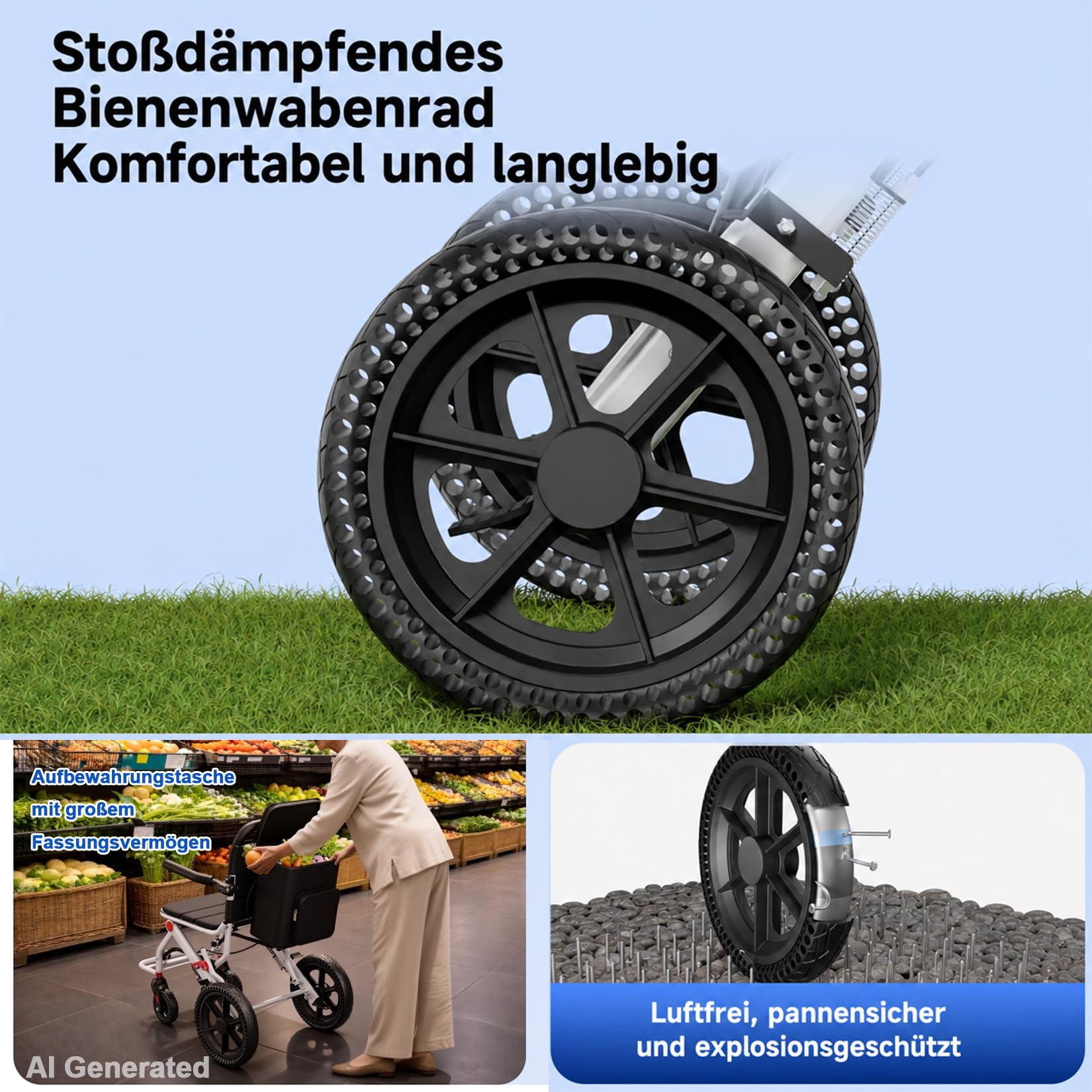 Leichtgewicht Rollstuhl Faltbar - Aluminium Reiserollstuhl bis 120kg | Medizinprodukt für Senioren. Mit Rucksack, 12 Zoll Wabenreifen und Trolley Funktion zum Ziehen. Perfekt für Auto Kofferraum.