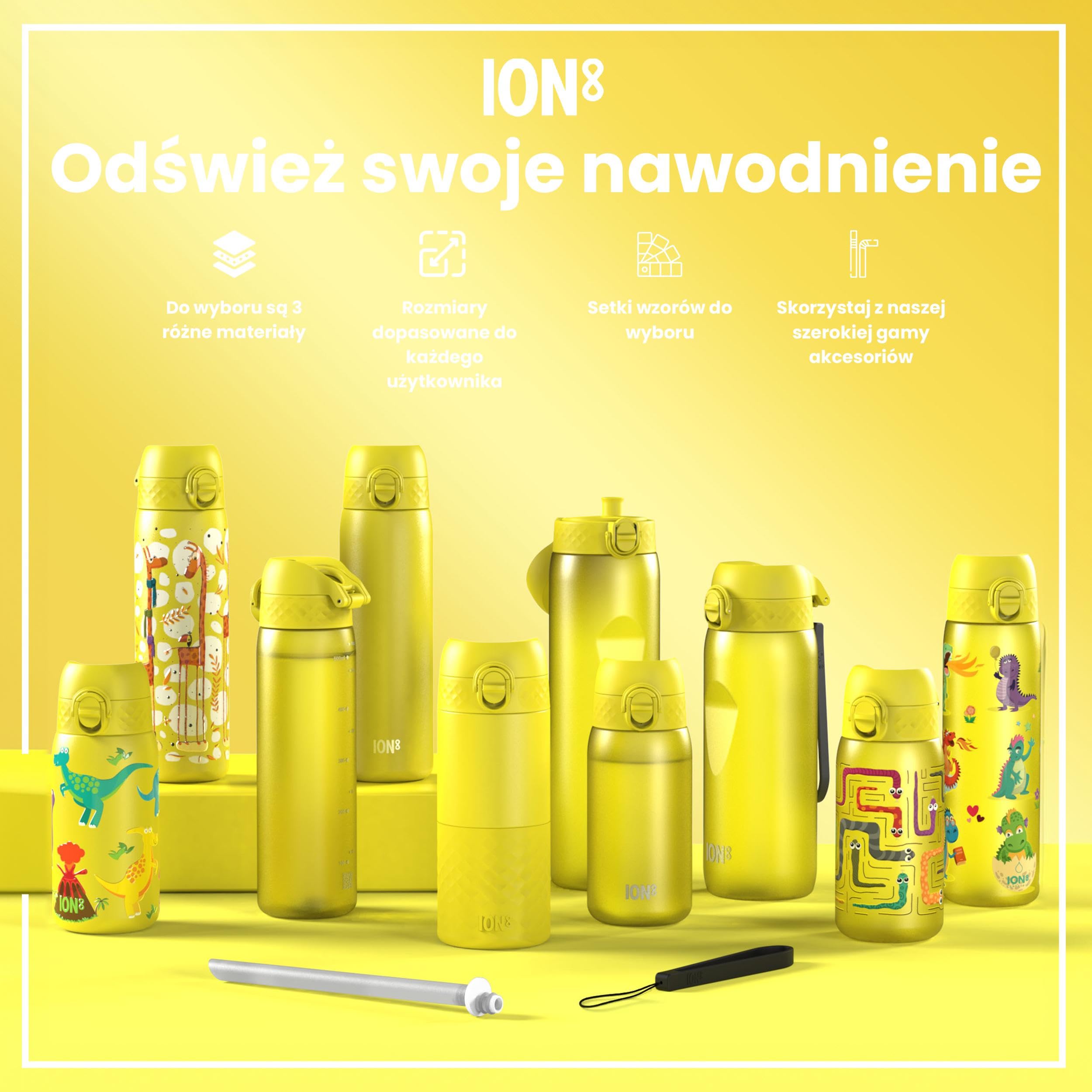 ION8 Termoizolowana Butelka na Wodę, Stali Nierdzewnej, 500 ml/18 oz, Szczelna, Łatwa w Otwieraniu, Bezpieczny Zamek, Można Myć w Zmywarce, Uchwyt do Przenoszenia, Metalowa Butelka, Smoki