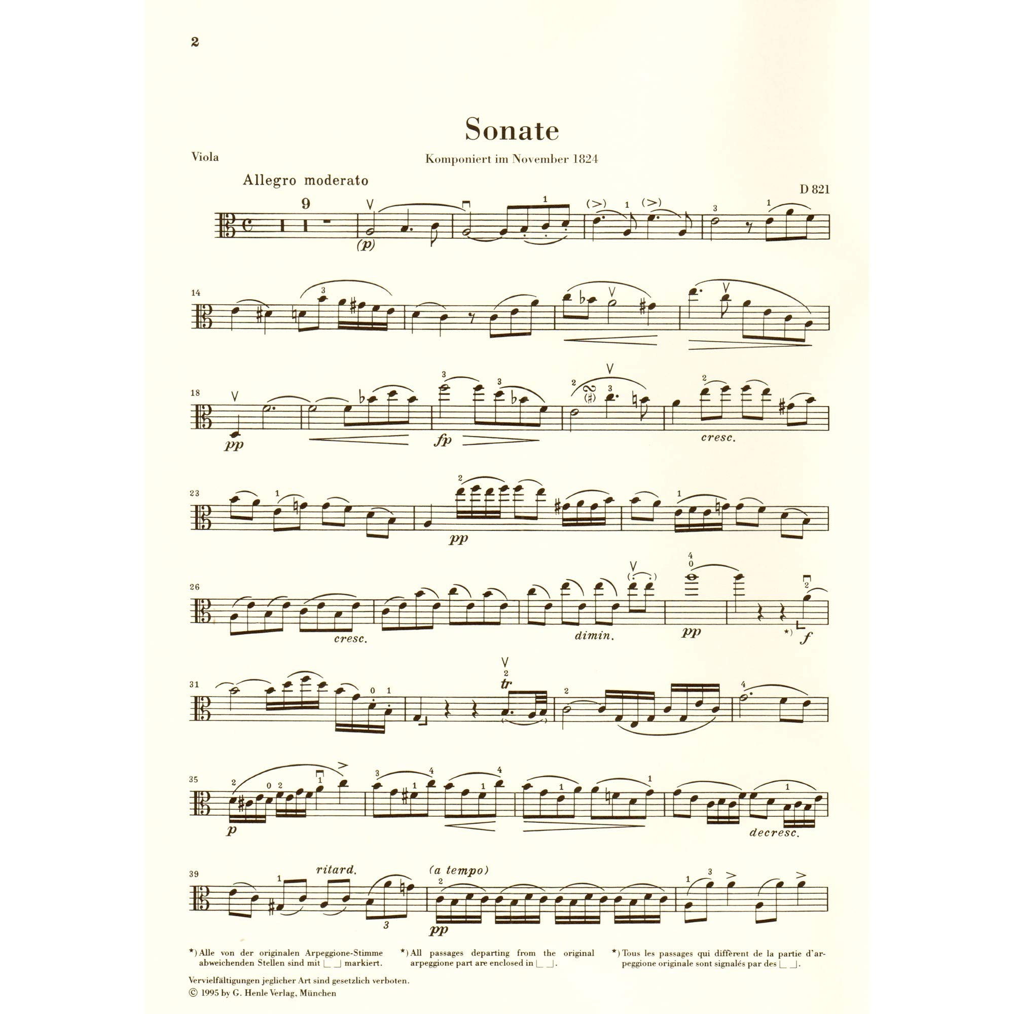 Sonate pour piano et arpeggione en la mineur d 821 (op. post.) alto et piano: Instrumentation: Viola and Piano