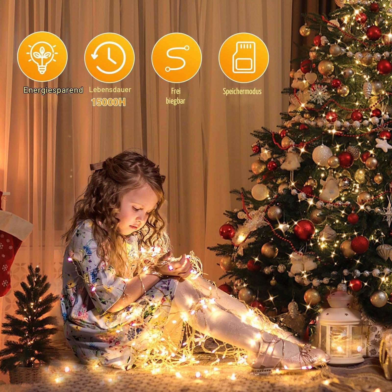 GlobaLink 500 LEDs Lichterkette 100m Warmweiß, 8 Modi, IP44 wasserdicht