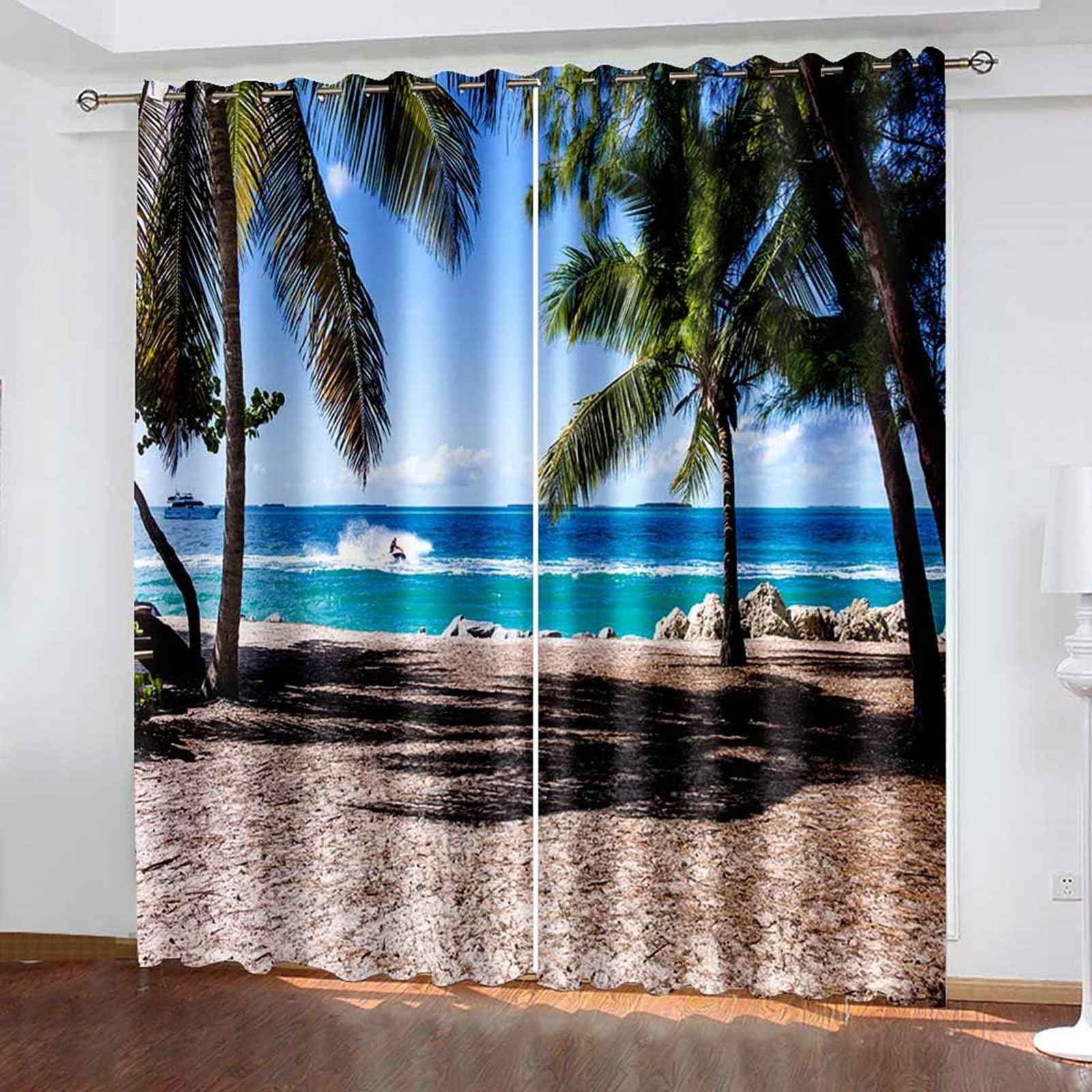 Verdunklungsvorhänge mit Ösen, Gardinen Blickdicht Surfen Meer Strand Landschaft 2er Set H 115 x B 86 cm Abdunkelnde Vorhänge für Wohnzimmer
