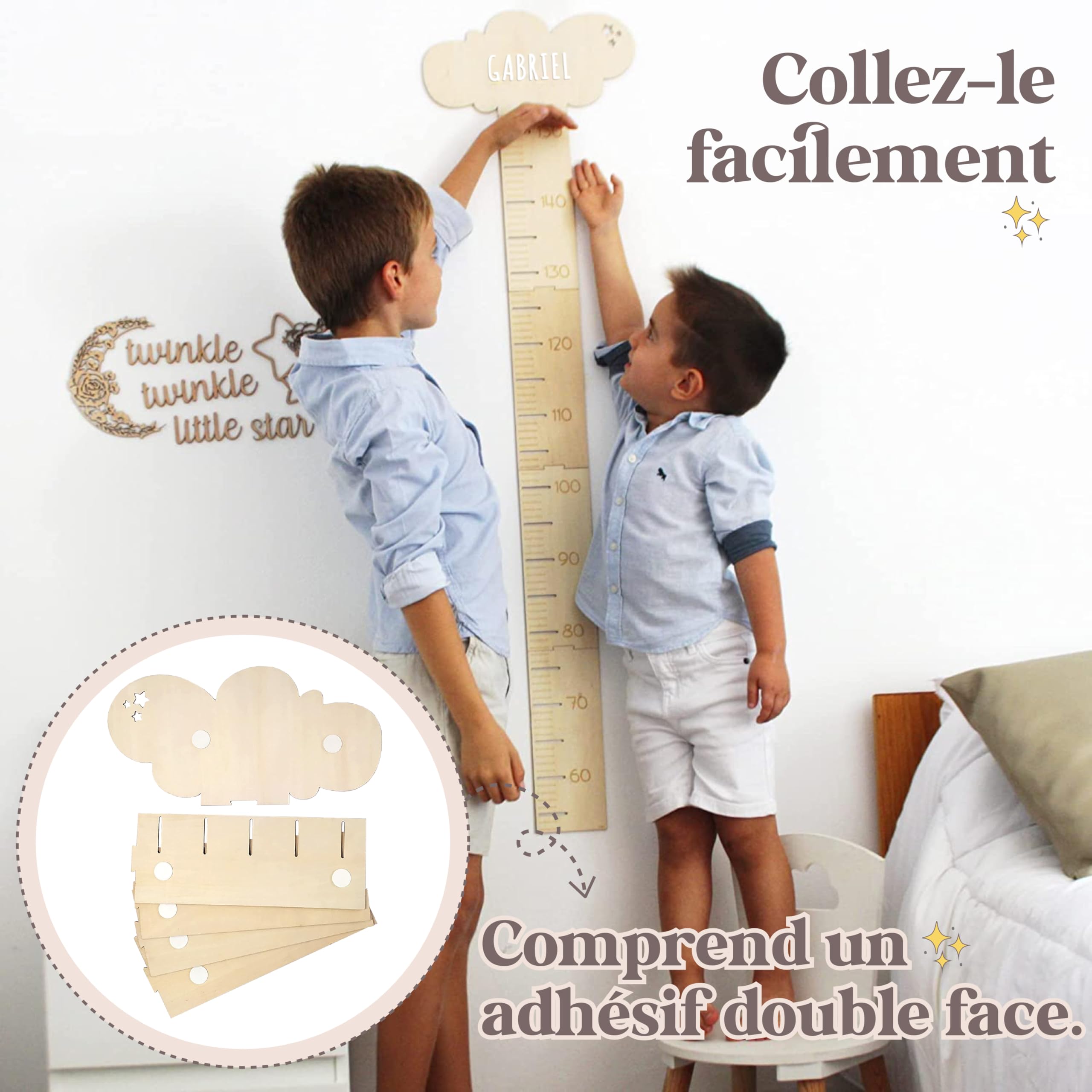 nagu® Toise murale enfant pour Decoration chambre bebe. Toise bois avec lettres autocollantes à personnaliser avec votre nom. Mesure taille