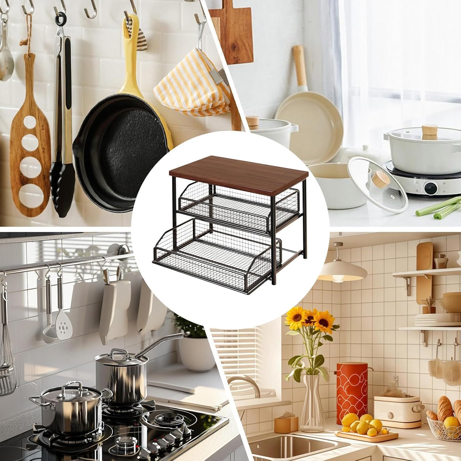 Countertop Storage Rack - Coffee Pods Organizer, Iron and Wood Countertop Coffee Station with Multi-Tier Shelves for Kitchen Home Apartment Farmhouse Cafe Bathroom Bedroom Study Display