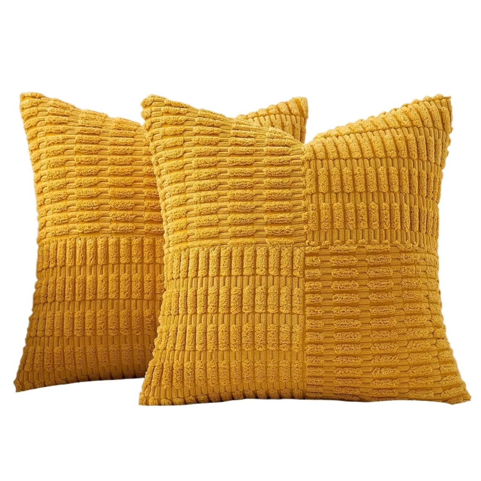 HEUchuan Corduroy Cushion Covers 2Pcs Throw Pillow Covers 18x18 Inch Soft Corduroy Cover Boho Textured Striped Patchwork Cushion Case for Couch Sofa Bed for Sofa Couch Bedroom(Yellow)