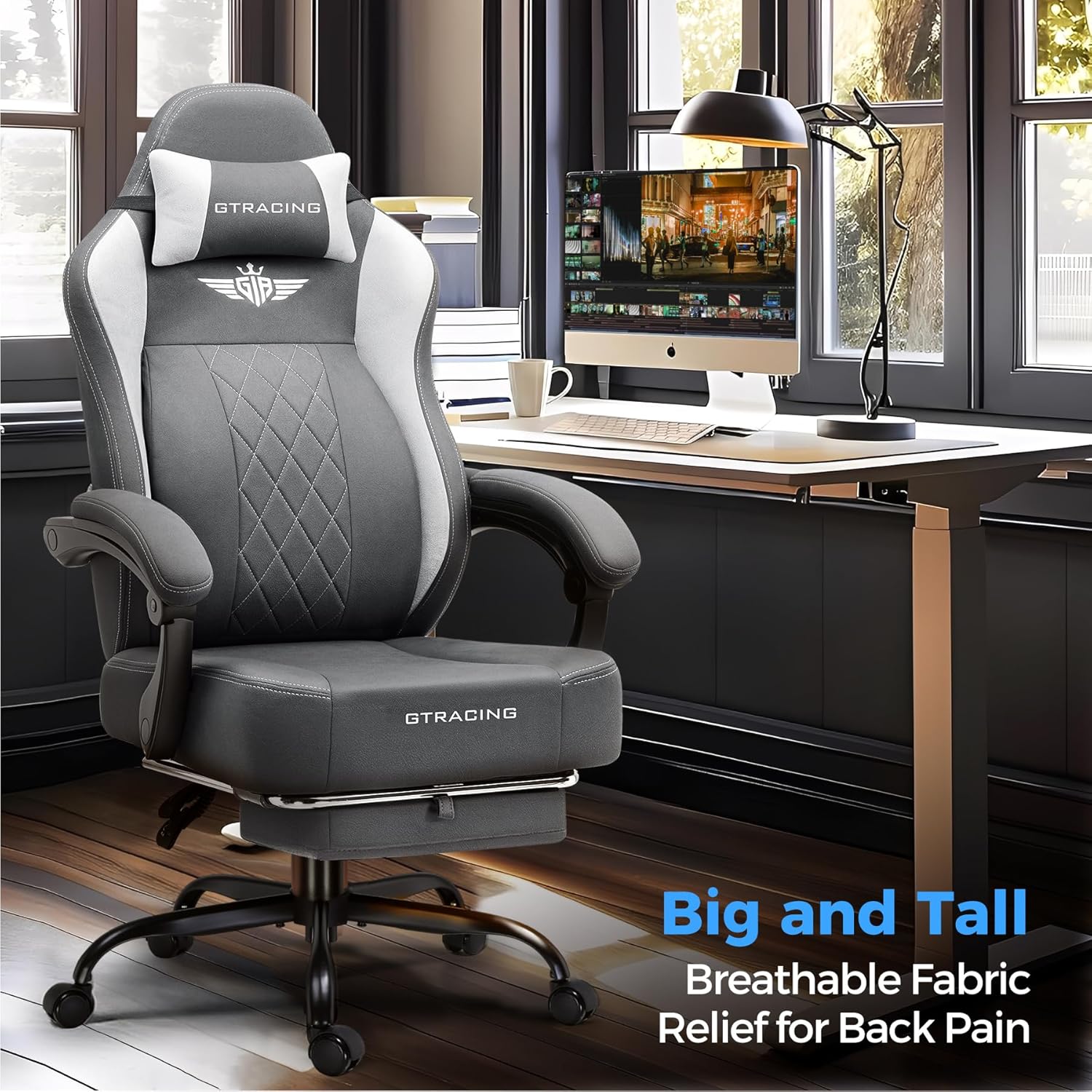 GTPLAYER Big and Tall Gaming Chair Breathable Fabric Computer Chair with Strong Lumbar Support, Comfortable Office Chairs with Pocket Spring Cushion, High Back Ergonomic Desk Chairs with Footrest
