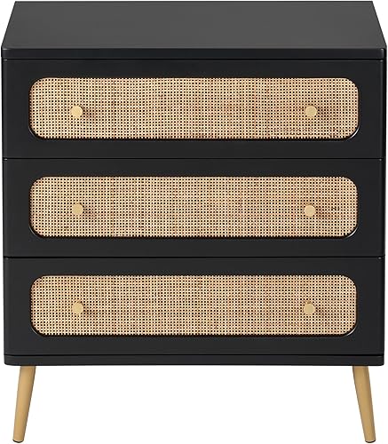 Miniatura 8 de LONYKE Mesita de noche de mimbre de ratán, mesa auxiliar de 2 cajones con acabado negro para espacios pequeños, moderna mesita de noche de madera de