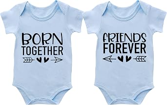 2-Pack Baby Twins Bodysuits Born Together Friends Forever Newborn Short Sleeve Funny Outfits Twin Unisex Romper 0-12M