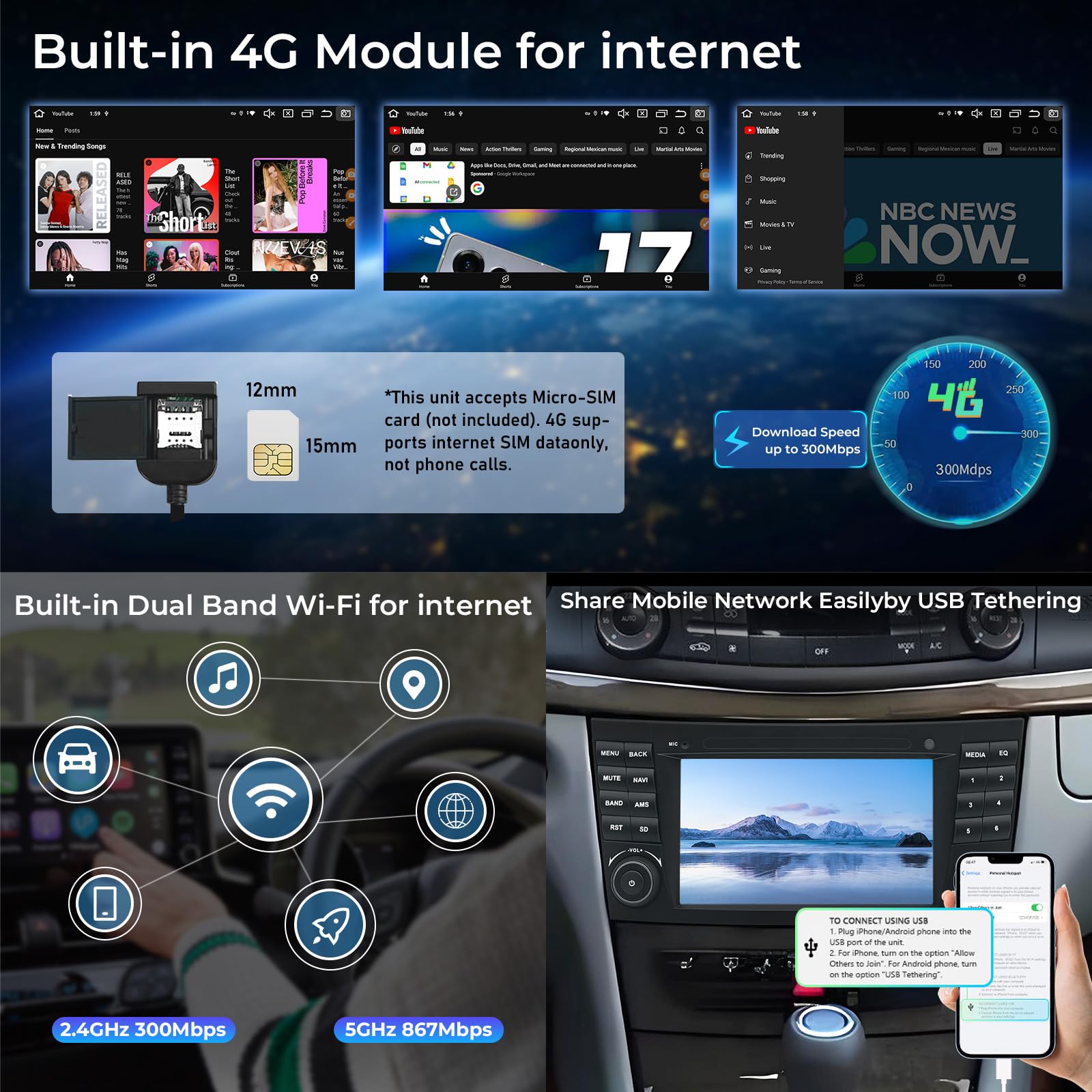 Mercedes Benz E-Klasse W211 G-Klasse W463 CLK W209 CLS W219 Autoradio mit Apple CarPlay Android Auto,7 pollici IPS Touchscreen Android 14.0 Bluetooth für Auto mit GPS Navi WiFi Am/FM (4+64G)