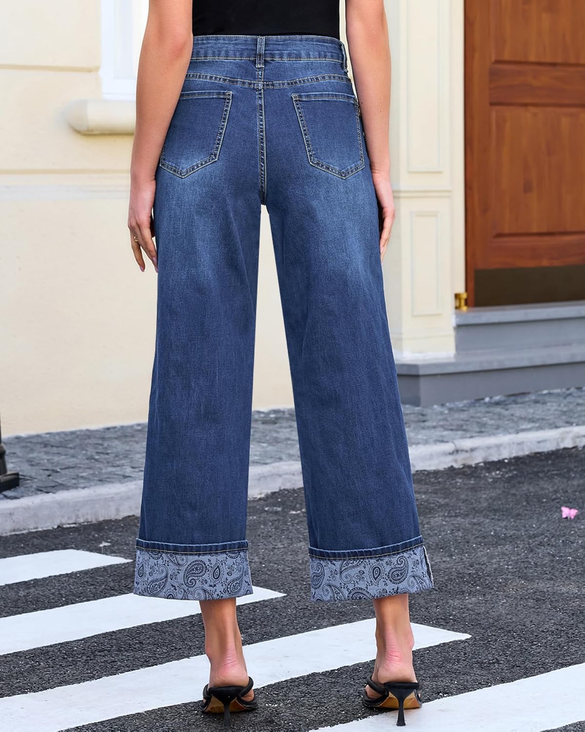 GRAPENT Wide Leg Jeans for Women Trendy Cropped High Waisted Printed Fold Hem Loose Straight Leg Stretchy Denim Pants - Image 2