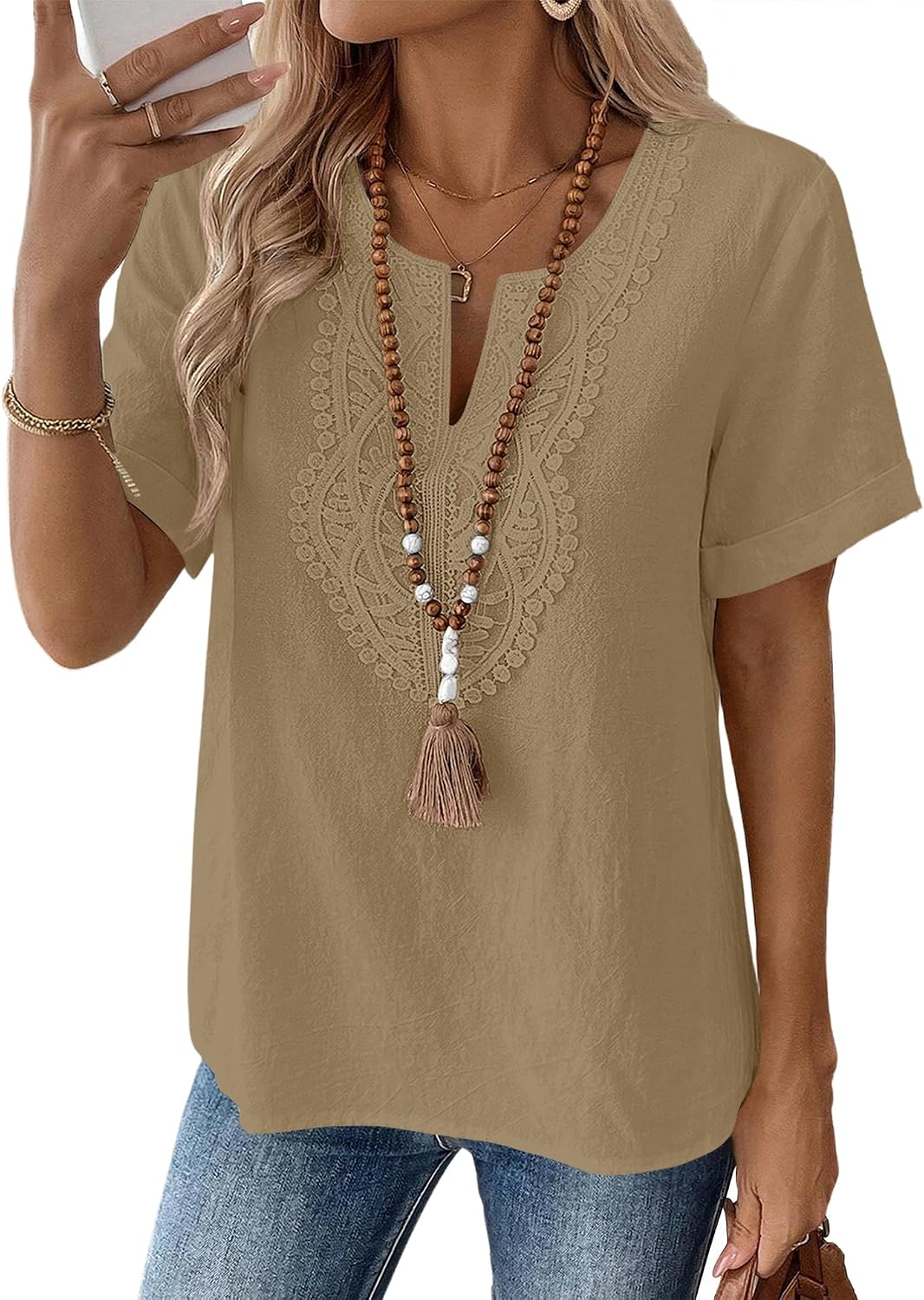 LOMON Womens Short Sleeve Tops Cotton Linen Shirts Loose Casual V Neck Lace Blouses Summer Vacation Clothes
