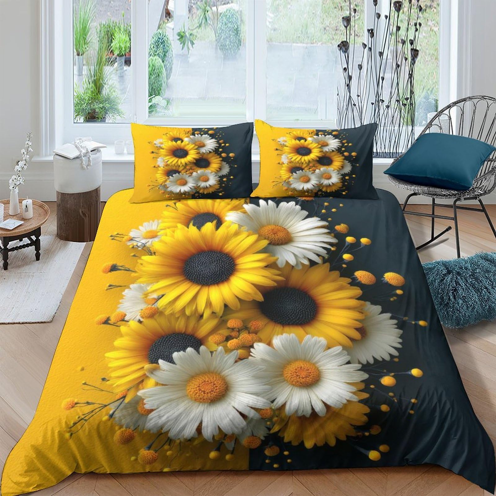 Ctjqhvkz Style-3 3D Printed Sunflower Daisy Fitted Sheet Microfiber Soft Yellow Black Bed Cover For Bedroom Guest Room Decor Single（135X200cm）