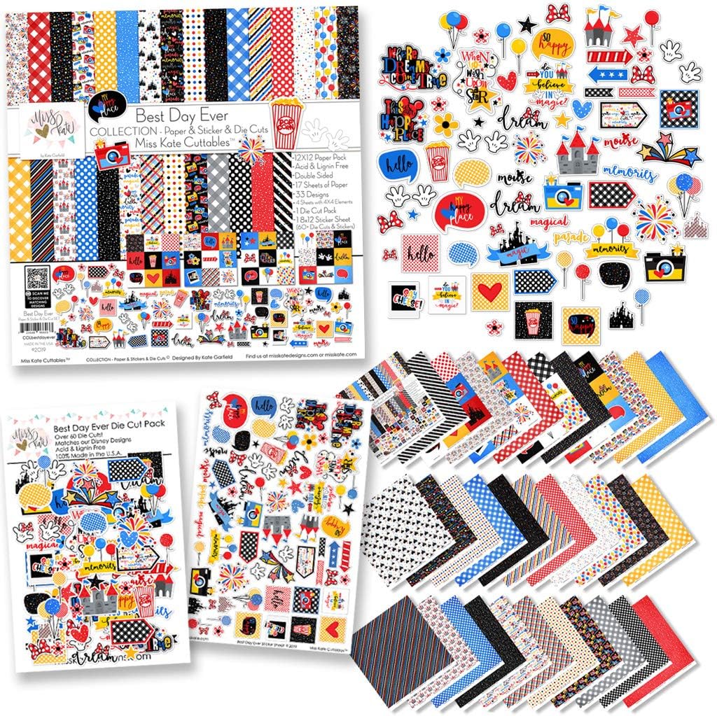 Collection - Best Day Ever - for Disneyland Walt Disney World - Paper & Stickers & Die Cuts -16 Double-Sided 12x12's w/33 Designs & 8X12 Sticker Sheet & 60+ Die Cuts -Scrapbook- by Miss Kate Cuttables
