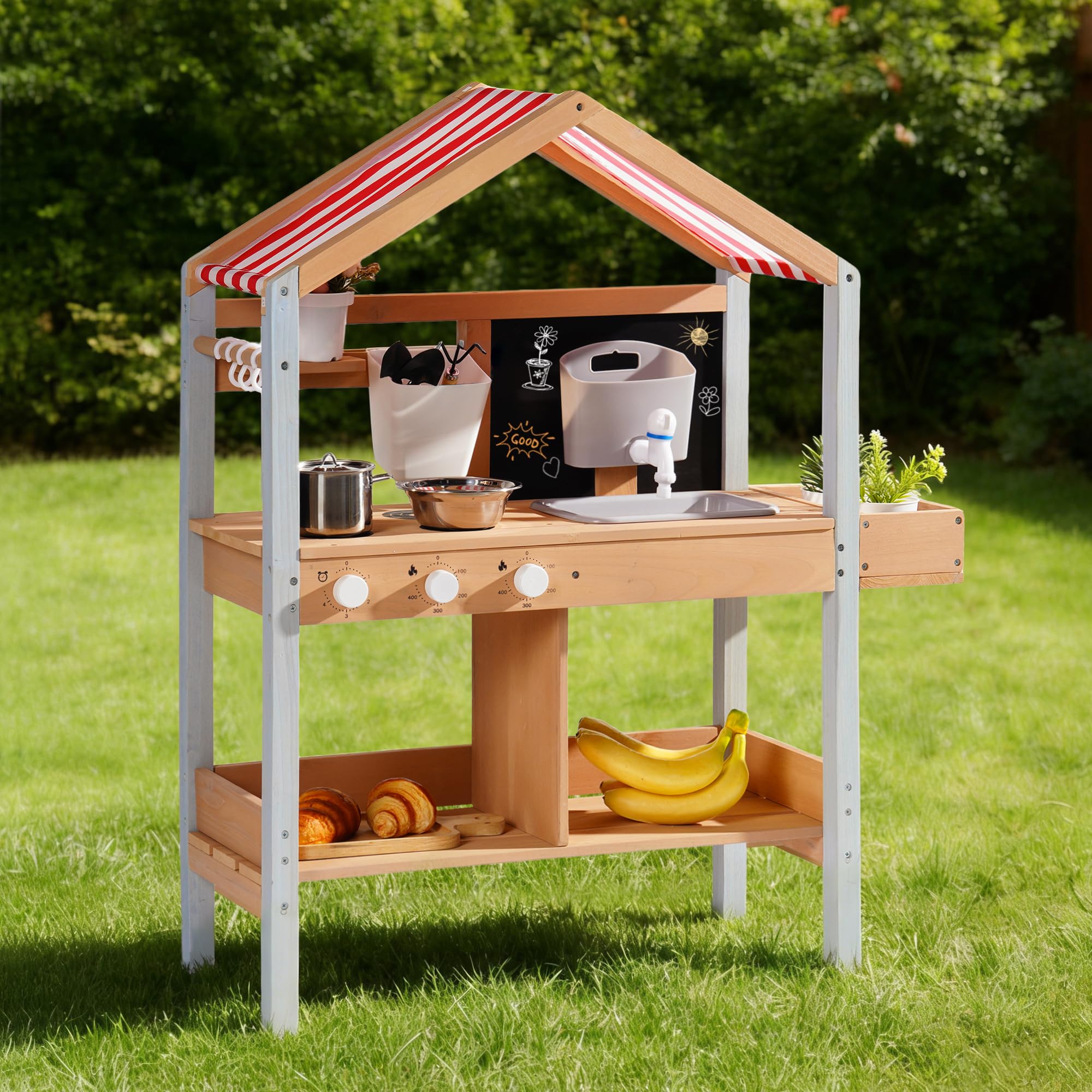 ROBOTIME Mud Kitchen Outdoor Playset for Kids, Toy Kitchen with Removable Planting Box, Sink, Stove, Planting Tools and Storage, Multiple Accessories, Pretend Play Cooking Set for Toddlers 3+