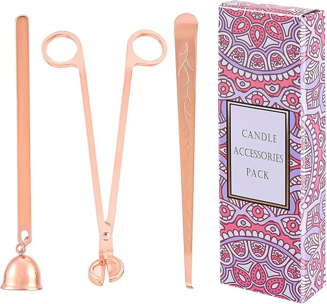 Mogokoyo 3 in 1 Candle Wick Trimmer Set Candle Snuffer Wick Dipper Candle Cover Accessory with Gift Package for Festival Wedding Anniversary Candle Lover (Rose Gold)