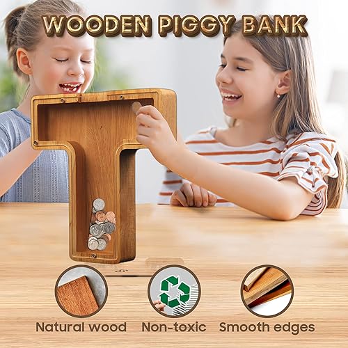 Miniatura 4 de Alcancía para niños y niñas, hucha grande de 26 letras del alfabeto inglés, de madera personalizada, caja de ahorro de dinero personalizada, nombre