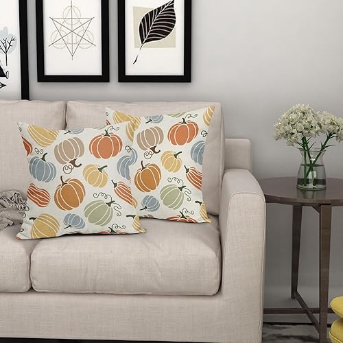 Miniatura 7 de Juego de 2 fundas de almohada de otoño de 18 x 18 pulgadas, con temática de Acción de Gracias, azul, amarillo, naranja, calabaza, decorativas, para