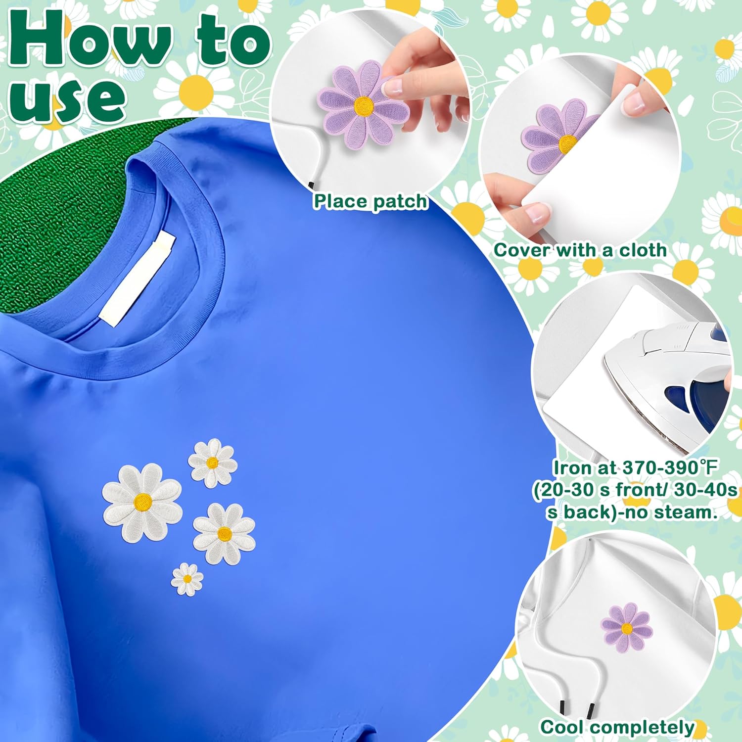 32Pcs 4 Sizes Daisy Flower Iron on Patches Cute Daisy Floral Embroidery Applique Patch for Hats Clothes Jeans Jacket(Multicolor)