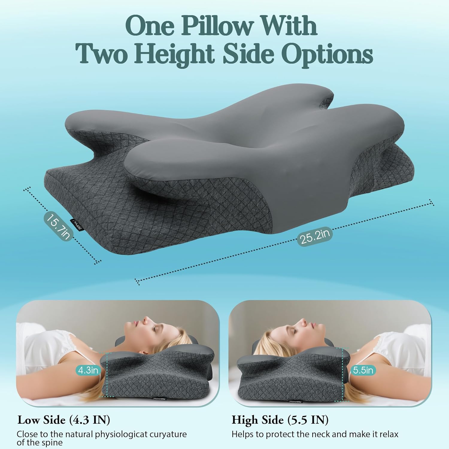 Cervical Neck Pillow for Sleeping,Memory Foam Pillows for Neck Pain Relief,Ergonomic Neck Support Contour Pillow for Side Back Stomach Sleepers,Orthopedic Breathable Pillowcase(Dark Grey) - Image 2